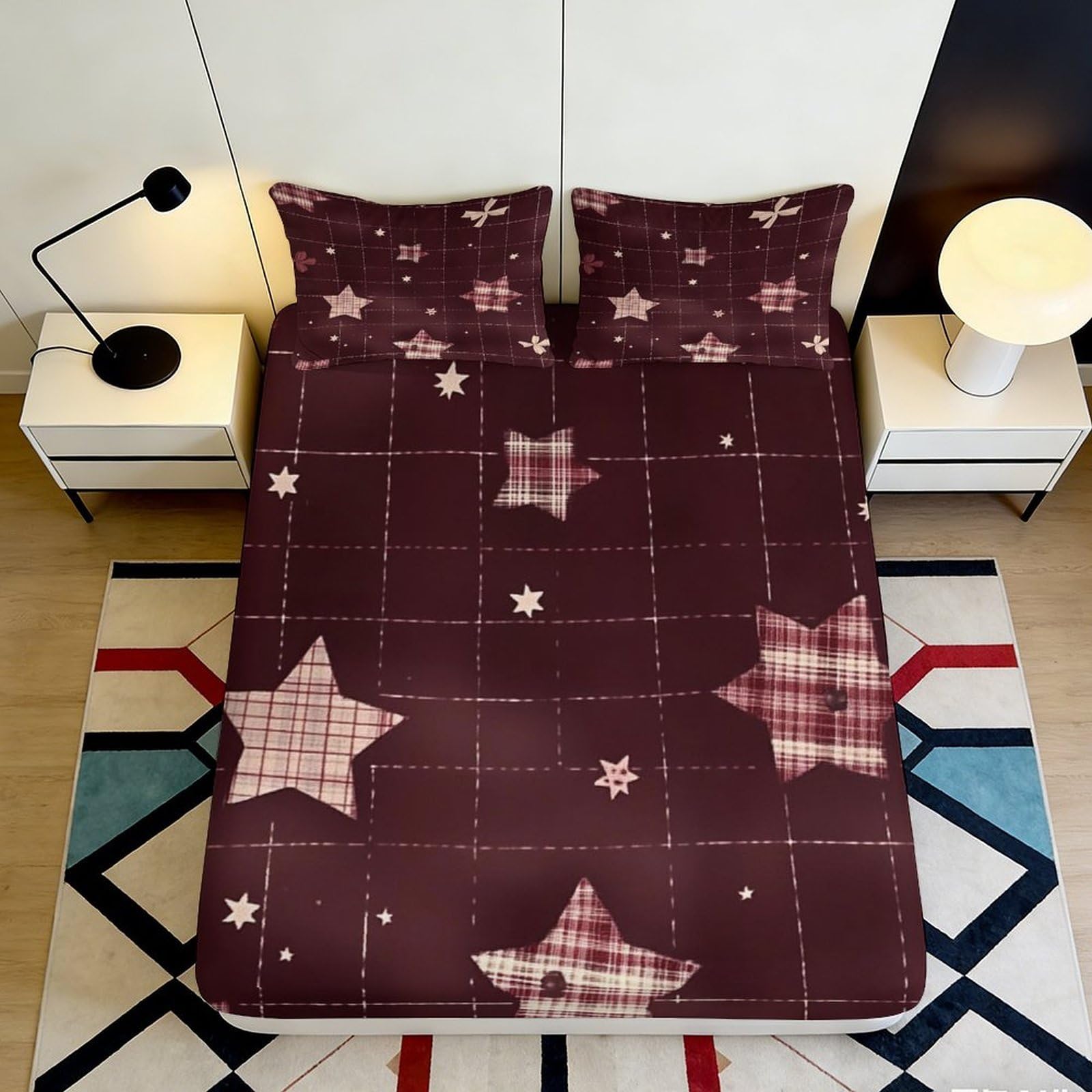 Jxqhbvmg Style-7 3D Printed Star Plaid Fitted Sheet Microfiber Deep Pocket Bedding For Bedroom Star Mattress Fitted Cover Non-Slip Elastic Hem Washable For Adults Teens 90X200x25cm