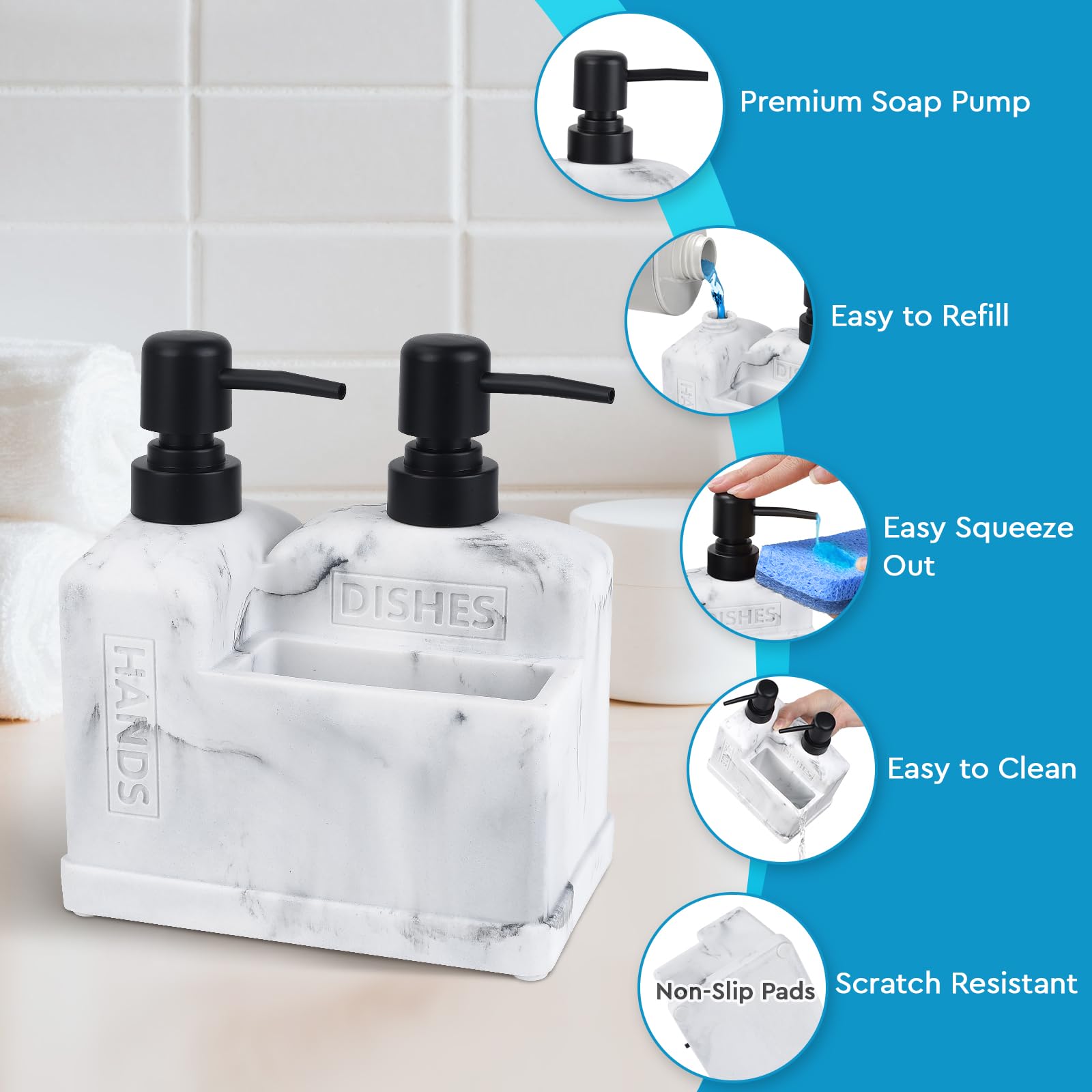 Dispensador Recargable De Jabón Para Cocina - Con Bandeja Antigoteo, Soporte Para Esponja Y Bayeta, Color Blanco