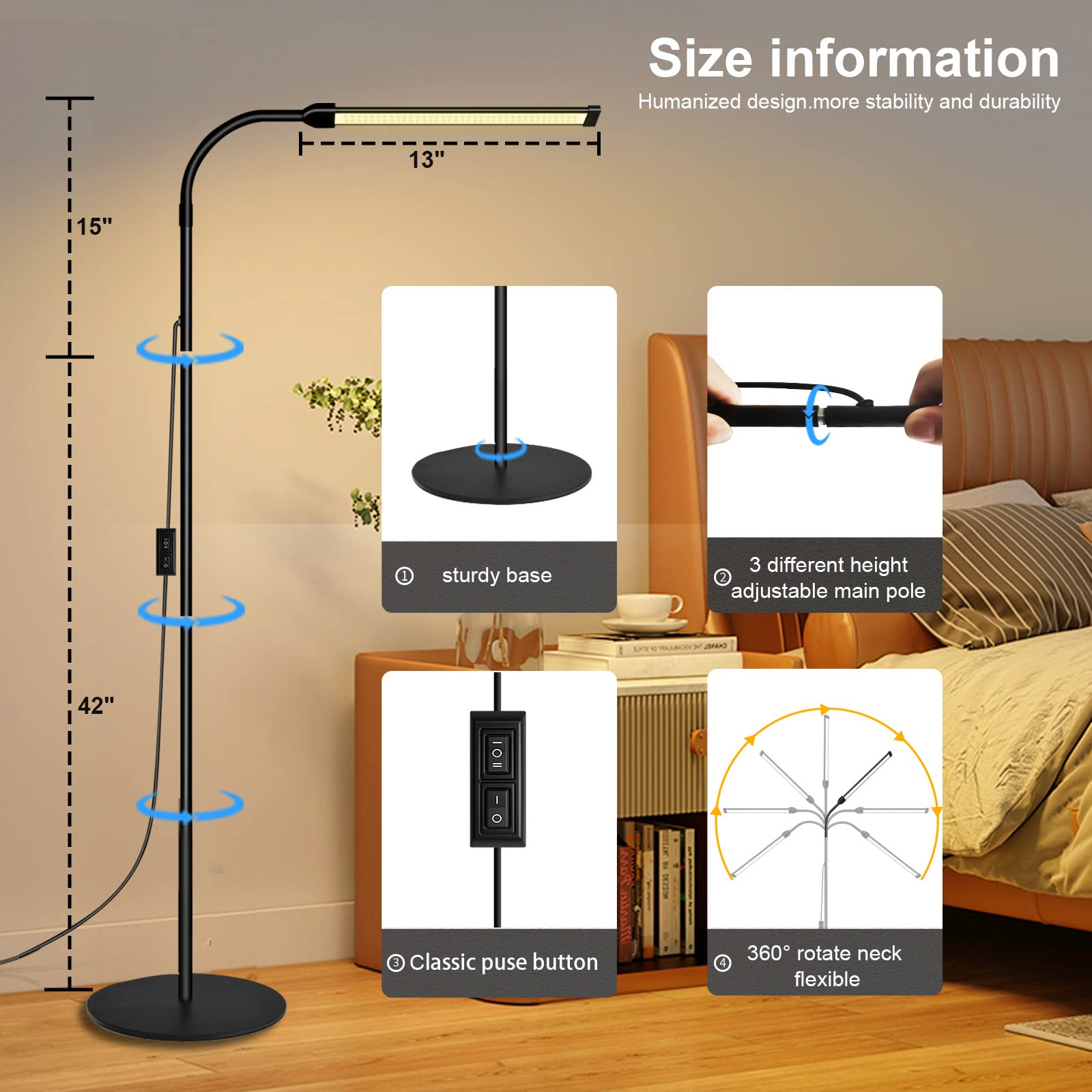 DAYSOFT LED Floor Lamp for Living Room with Round Chassis,Lash Light Lamp for Eyelash Extensions,Custom Color Temperature Standing Lamp,Adjustable Gooseneck Reading Floor Lamp for Bedroom Office