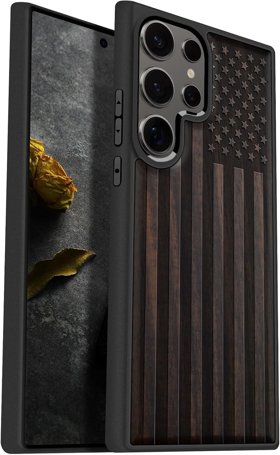 Carveit Wood Case for Galaxy S25 Ultra Case 2025 [Natural Wood & Black Soft TPU] Shockproof Protective Cover Unique Wooden Design Compatible with Samsung S25 Ultra (American Flag-Blackwood)