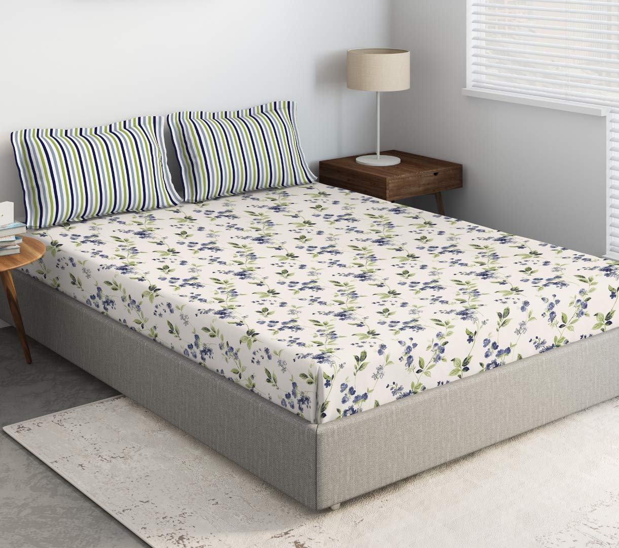 DDECOR Live beautifulDDECOR - Florette 100% Cotton Fitted Bedsheet with 2 Pillow Covers, King Size, Blue