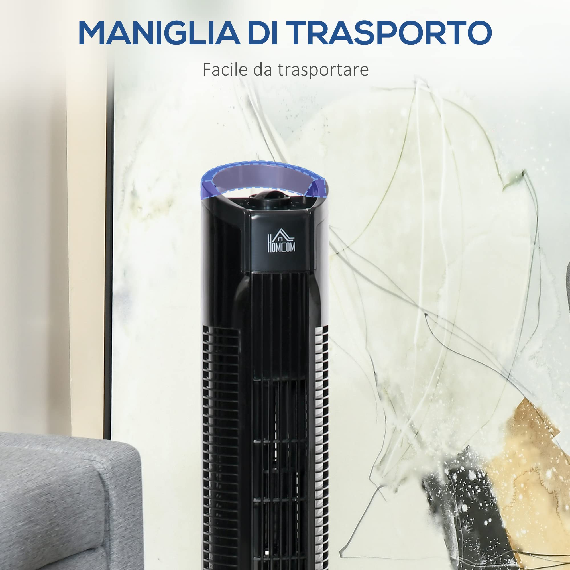 HOMCOM Ventilatore a Torre Moderno 3 Velocità con Oscillazione 70°, Ventilatore a Colonna con Piantana Rotonda e Maniglia, Potenza 50W, in PP, Ø20x78.5cm Nero