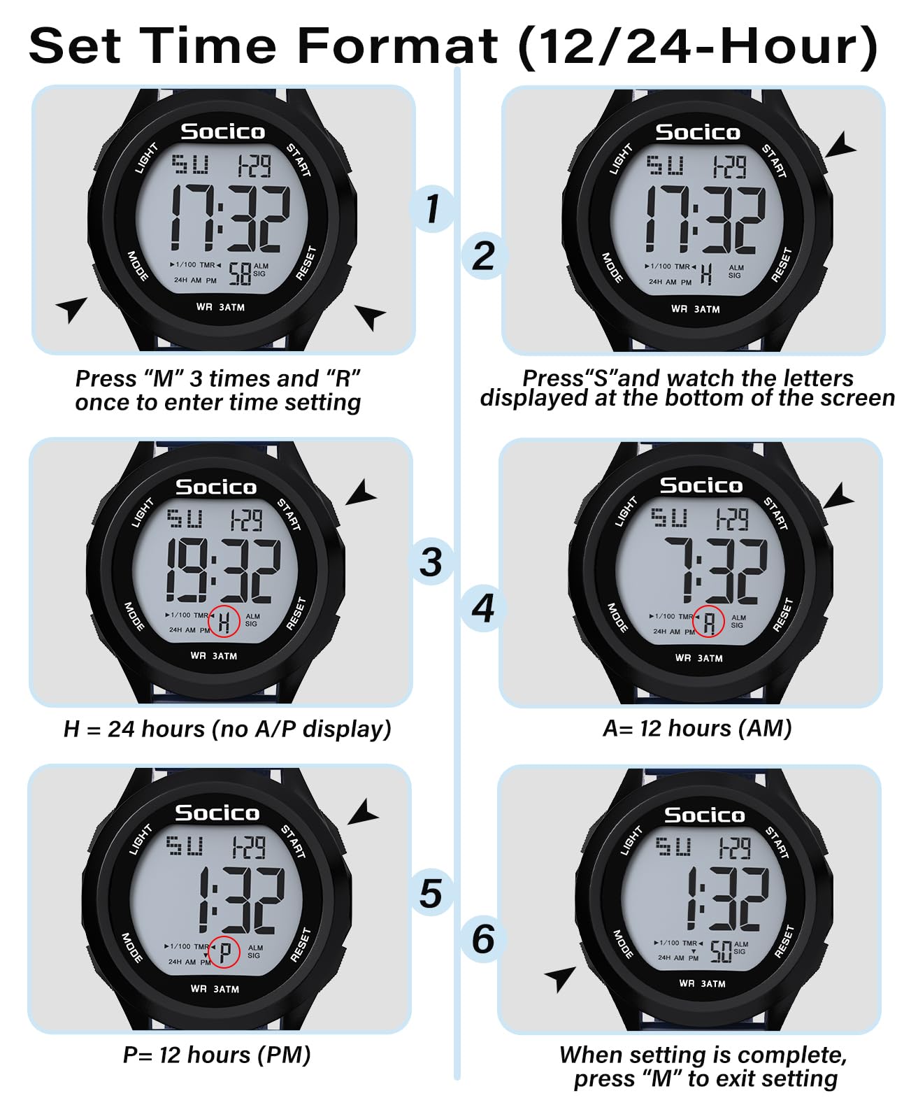 SOCICO Mens Digital Watch Sports Waterproof Outdoor Large Face Military Watches with Stopwatch Back Light Alarm Date Display