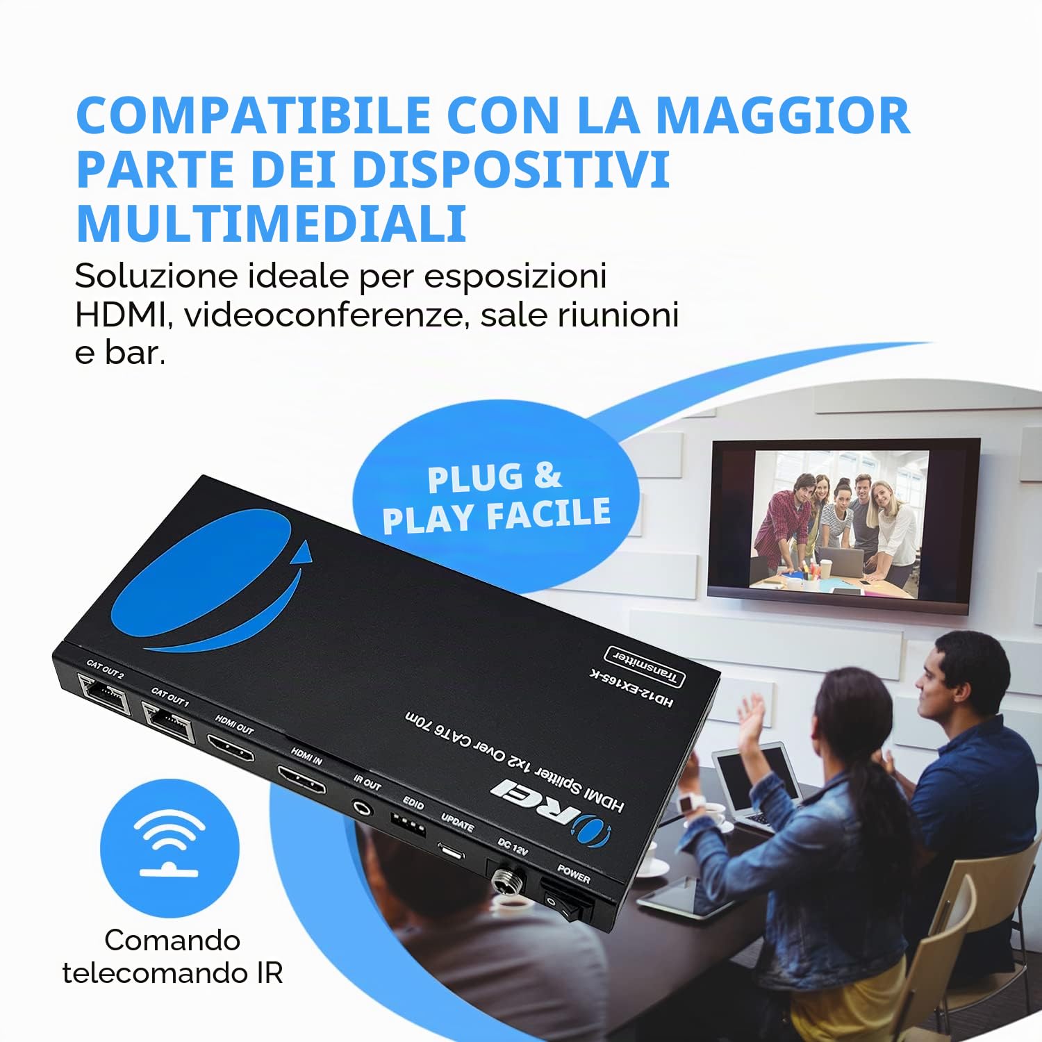 Orei 4K 1x2 HDMI over ethernet Extender Splitter su cavo Ethernet CAT6/7 4K @ 30Hz fino a 50 m - 1 ingresso 2 out, 1080p @ 60Hz fino a 70 m, PoC, controllo IR, EDID, HDMI Loop Out (HD12-EX165-K)