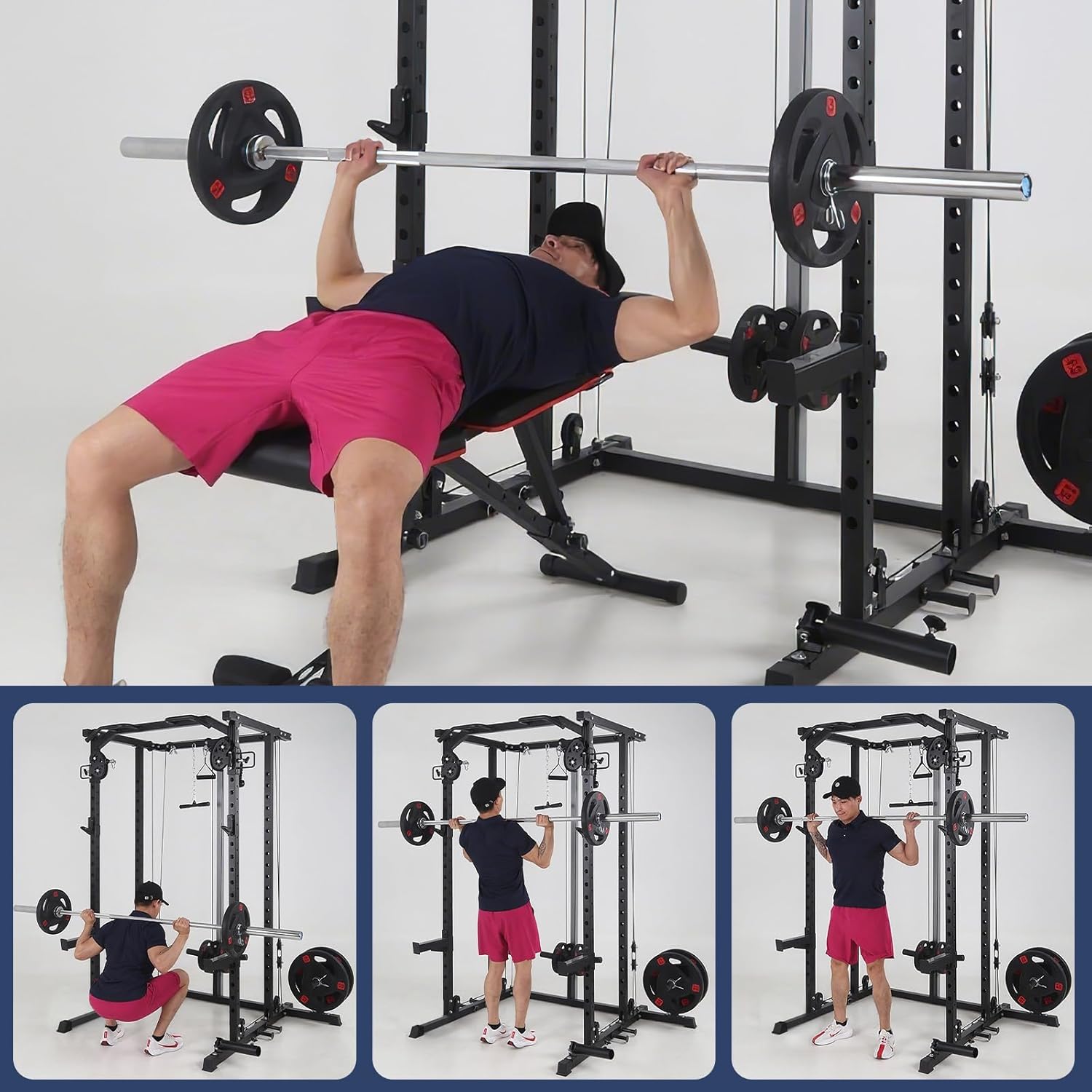 2000 LBS Power Cage,All in One Squat Power Rack with Dual Pulley Cable Crossover System,Heavy-Duty Steel Construction Squat Rack for Strength Training Home gym