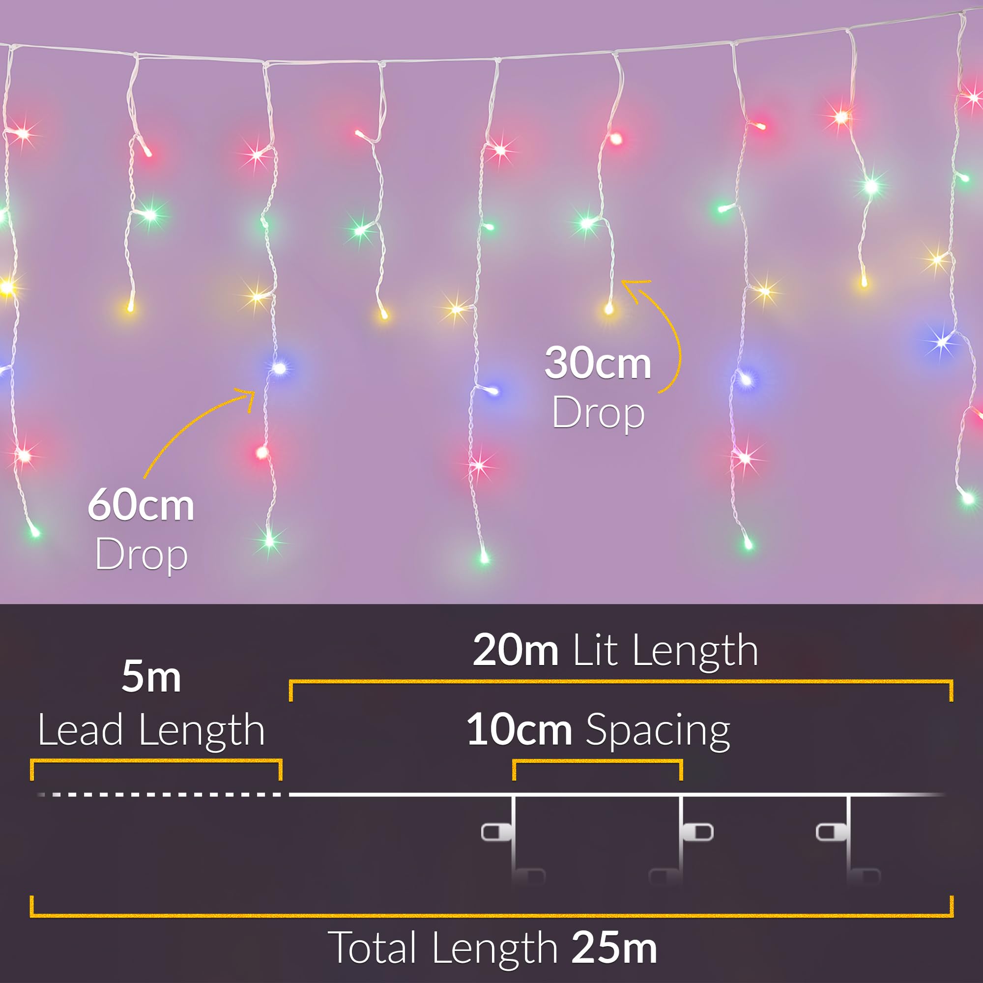 CHRISTOW Hanging Icicle Christmas Lights, 720 Multi Coloured LED, 20m Lit Length, Indoor & Outdoor, Mains Powered with Timer - Image 3