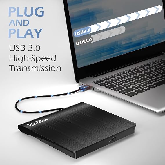 Rioddas External CD/DVD Drive for Laptop, USB 3.0 CD DVD Player Portable +/-RW Burner CD ROM Reader Writer Disk Duplicator Compatible with Laptop Desktop PC Windows Apple Mac Pro MacBook Linux