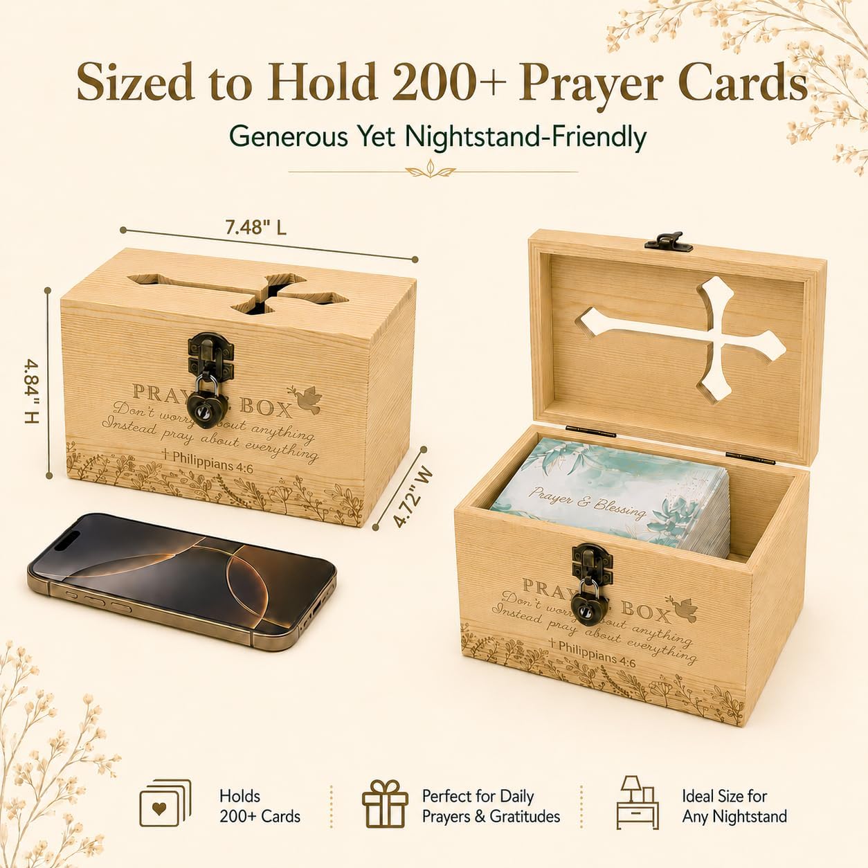 Onism Large Prayer Box with Lock & 2 Keys, 100 Prayer Cards & Floral Pen image 4