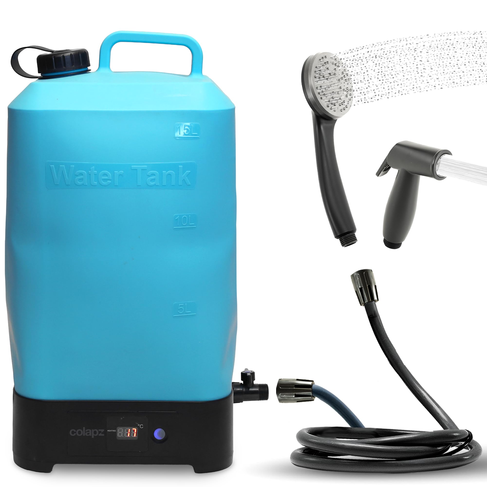 Colapz Doccia da Campeggio Elettrica Portatile con Batteria & Serbatoio 15L – Doccia Esterna Riscaldata Fino a 42 °C – Mobile per Camper, Van, Viaggi, Festival, Trekking & Giardino