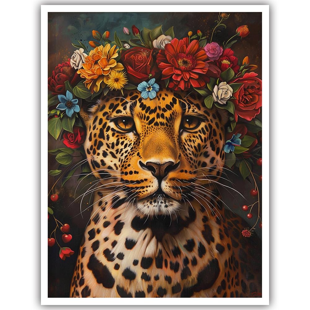 Fashion Wall Art Posters Funky Leopard With Flower Crown Art Decor Prints Fashionista Leopard Wild Animal Portrait Wall Art Photo Prints Luxury Wall