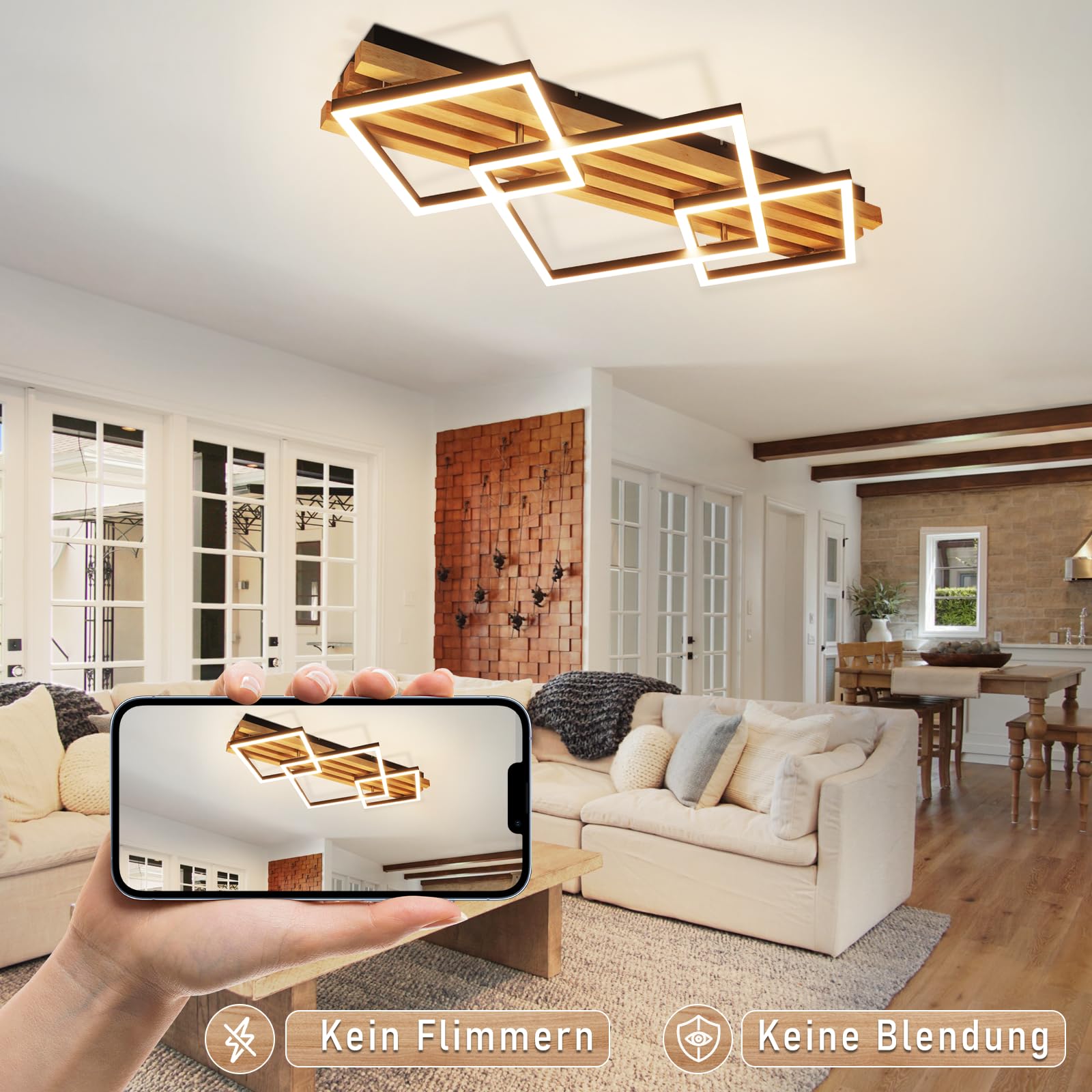 GBLY LED Deckenleuchte Holz 70cm Deckenlampe Dimmbar Wohnzimmerlampe | Modern Schlafzimmerlampe 46W Schwarz eckig küchenlampe fur wohnzimmer schlafzimmer Küchen Flur Büro Lampe, Memory-Funktion