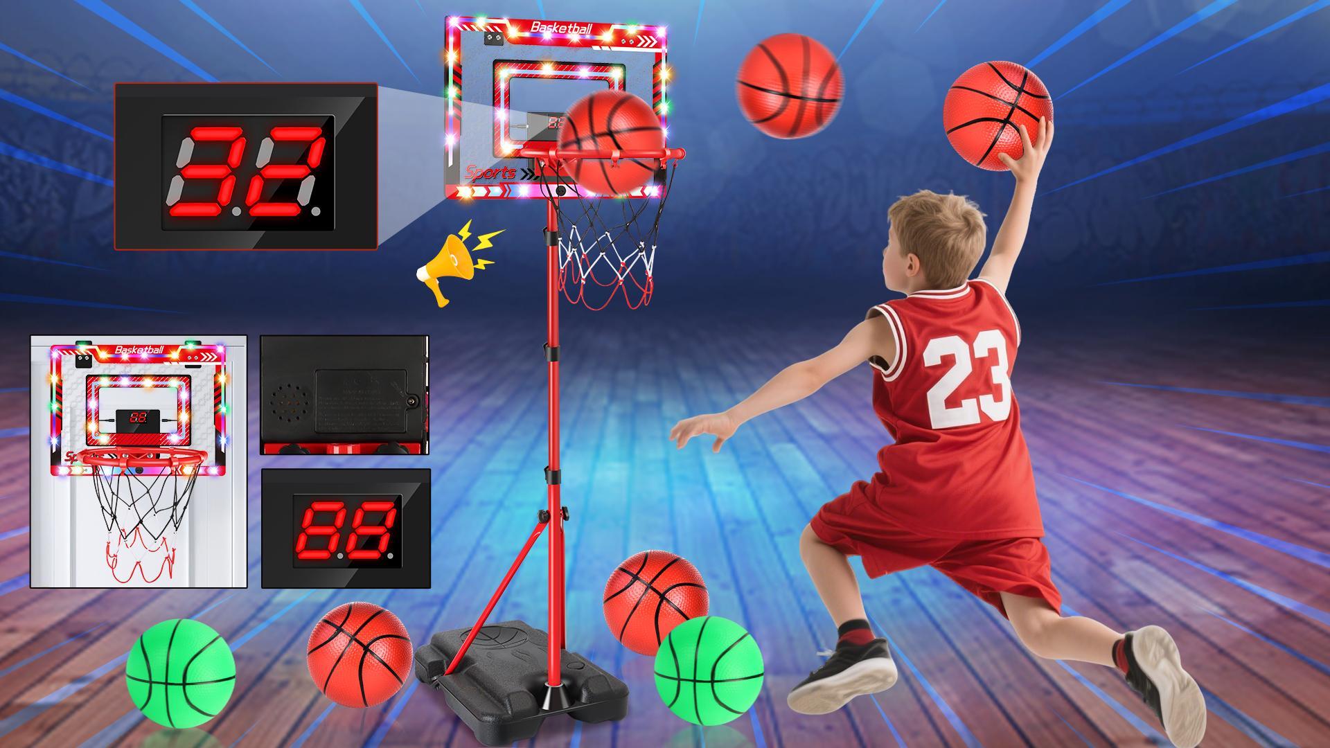 Panier De Basket Enfant Réglable 105-183 Cm - 2 En 1 Basket Et Fléchettes, Avec Lumières LED Et Tableau électronique