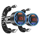 Besgoods Car Charger for iPhone 17 16 Pro Max, Cigarette Lighter USB Charger 4-Port Voltmeter with 3ft Coiled Retractable Type C Cable Fast Charging for iPhone 15 Galaxy S25 A16, 2Pack