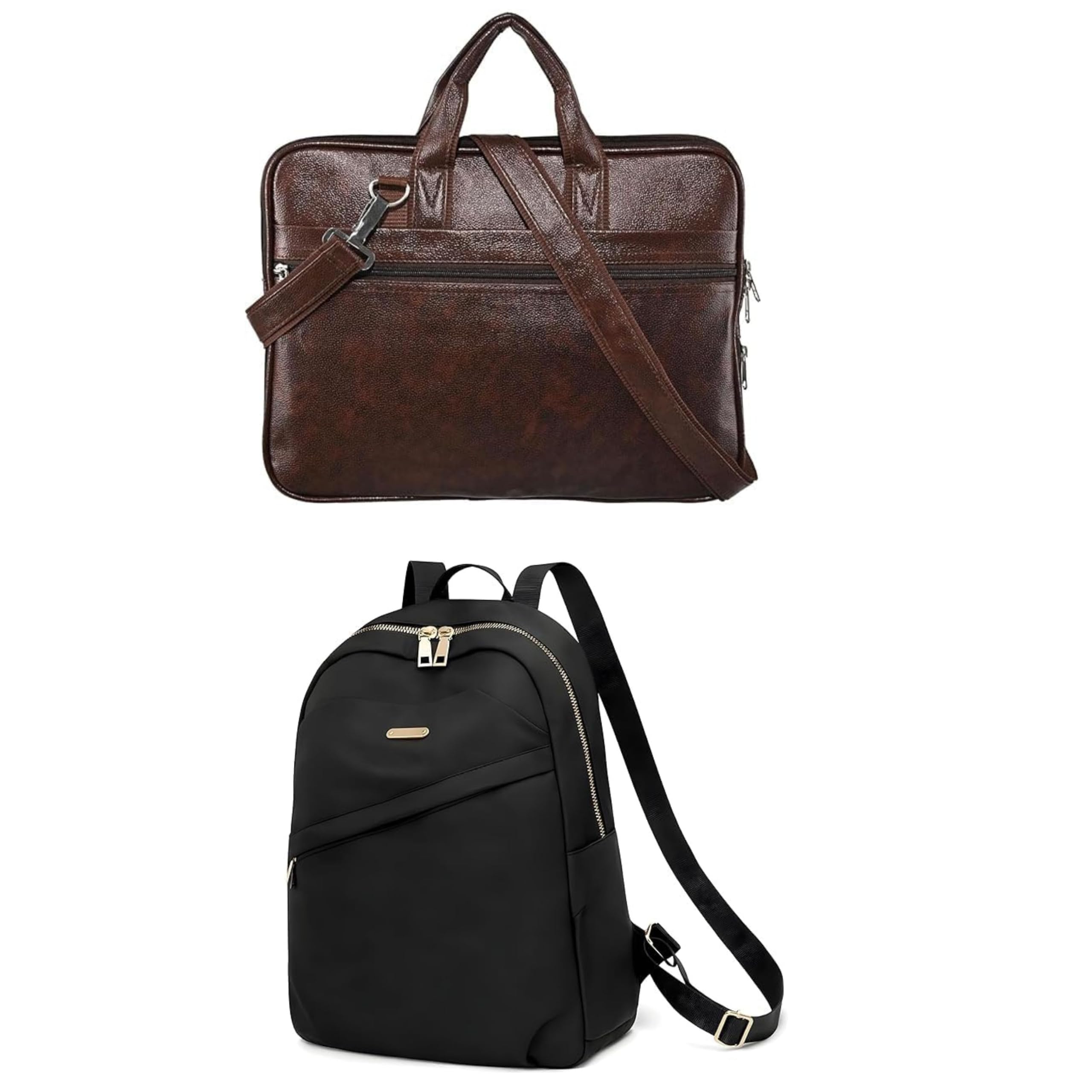 2-piece business travel combo set – vintage brown leather messenger briefcase & lightweight waterproof black laptop backpack for men & women – office, college & executive luggage set