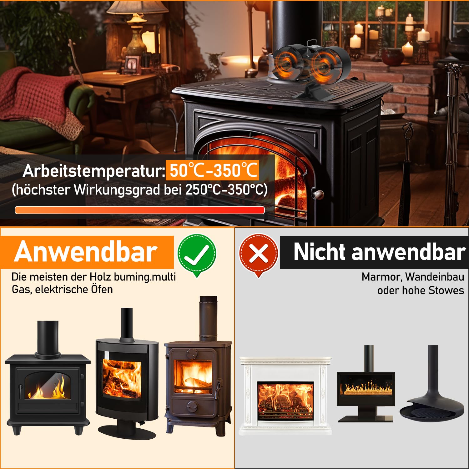 Sonnewelt Ventilatore per camino, ventilatore per stufa, senza corrente, con 8 fogli, ventilatore per camino, ventilatore senza corrente, silenzioso, protezione da surriscaldamento con termometro di