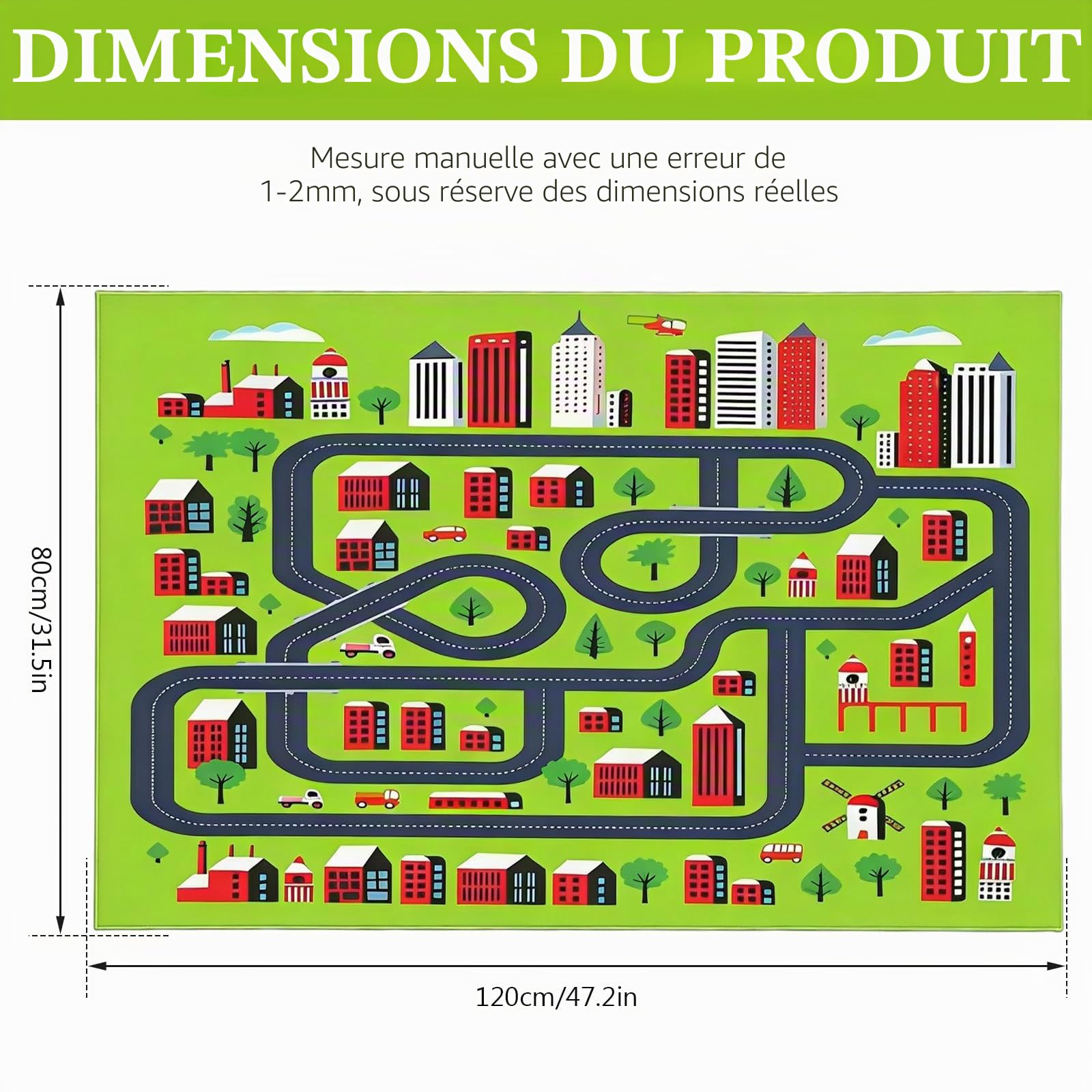 PORFOYO TapisS Piste De Voiture,80 * 120 CM Tapis De Jeu,Tapis De Jeu Ville Tapis,PVC Tapis Tapis De Jeu,Tapis De Vie Urbaine pour Décoration De Salle De Jeux,Chambre, Antidérapant,Durable,Vert