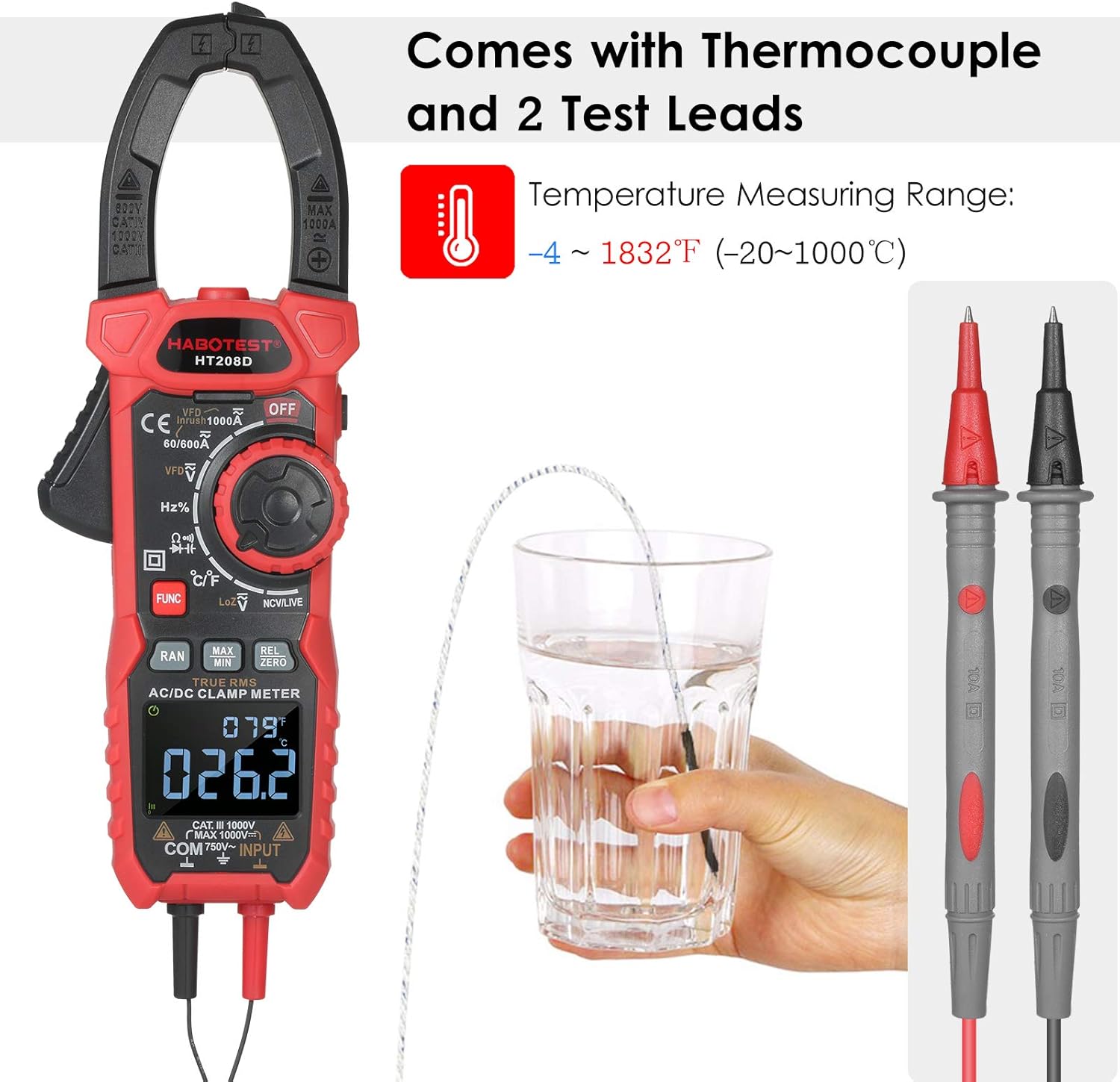 AC/DC Digital Clamp Meter True-RMS Multimeter Anto-Ranging Multi Tester Current Clamp with Amp Volt Ohm Diode acitance Resistance Continuity NCV Temperature Duty Ratio VFD Tests