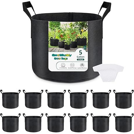 GreatBuddy 12-Pack Grow Bags for Vegetables in 5-Gallon Capacity, Enhanced with Sturdy...