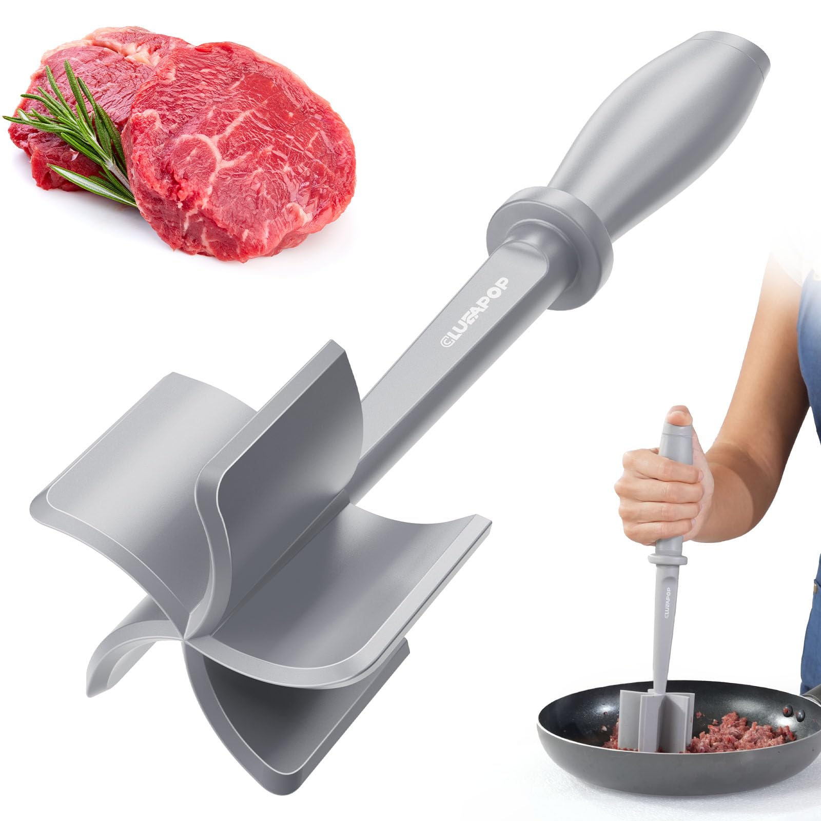 Premium Meat Chopper for Ground Beef - CLUEAPOP Heat Resistant Meat Masher - Kitchen Tools &amp; Gadgets - Ground Beef Smasher - Non Stick Hamburger Chopper - Cook Ground Meat with Easy