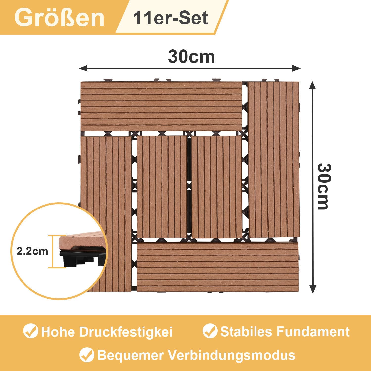 Płytki tarasowe WPC 30 x 30 cm w kolorze brązowym, 33 sztuki = 3 m², płytki podłogowe na balkon, płytki ogrodowe z systemem zatrzaskowym, deski tarasowe jako płytki balkonowe, płytki na klik.