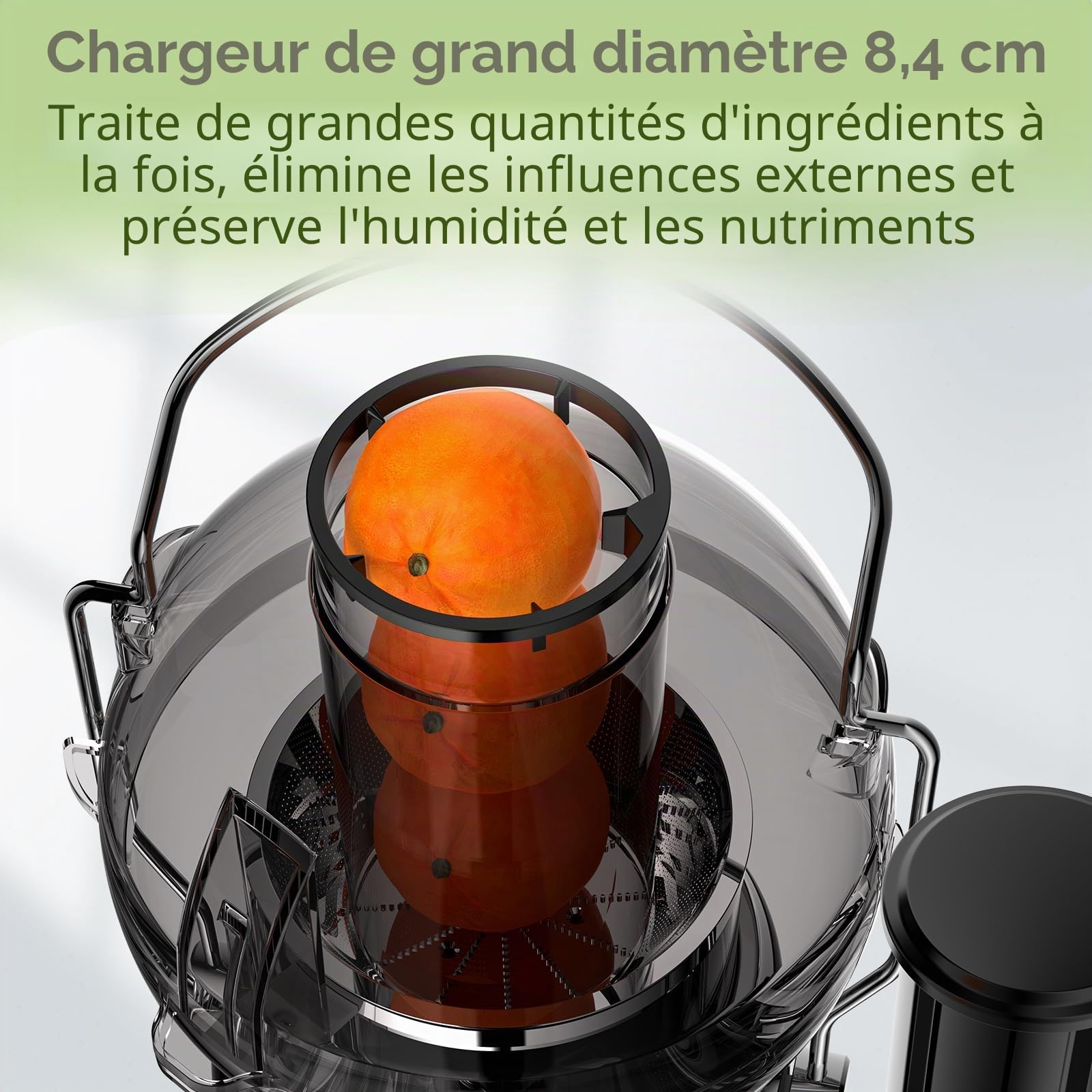 Extracteur de jus Vospeed, presse-fruits et légumes de 1400 watts avec goulotte d'alimentation de 3,5 pouces et pot à jus de 1,2 litre, sans BPA, facile à nettoyer (noir)