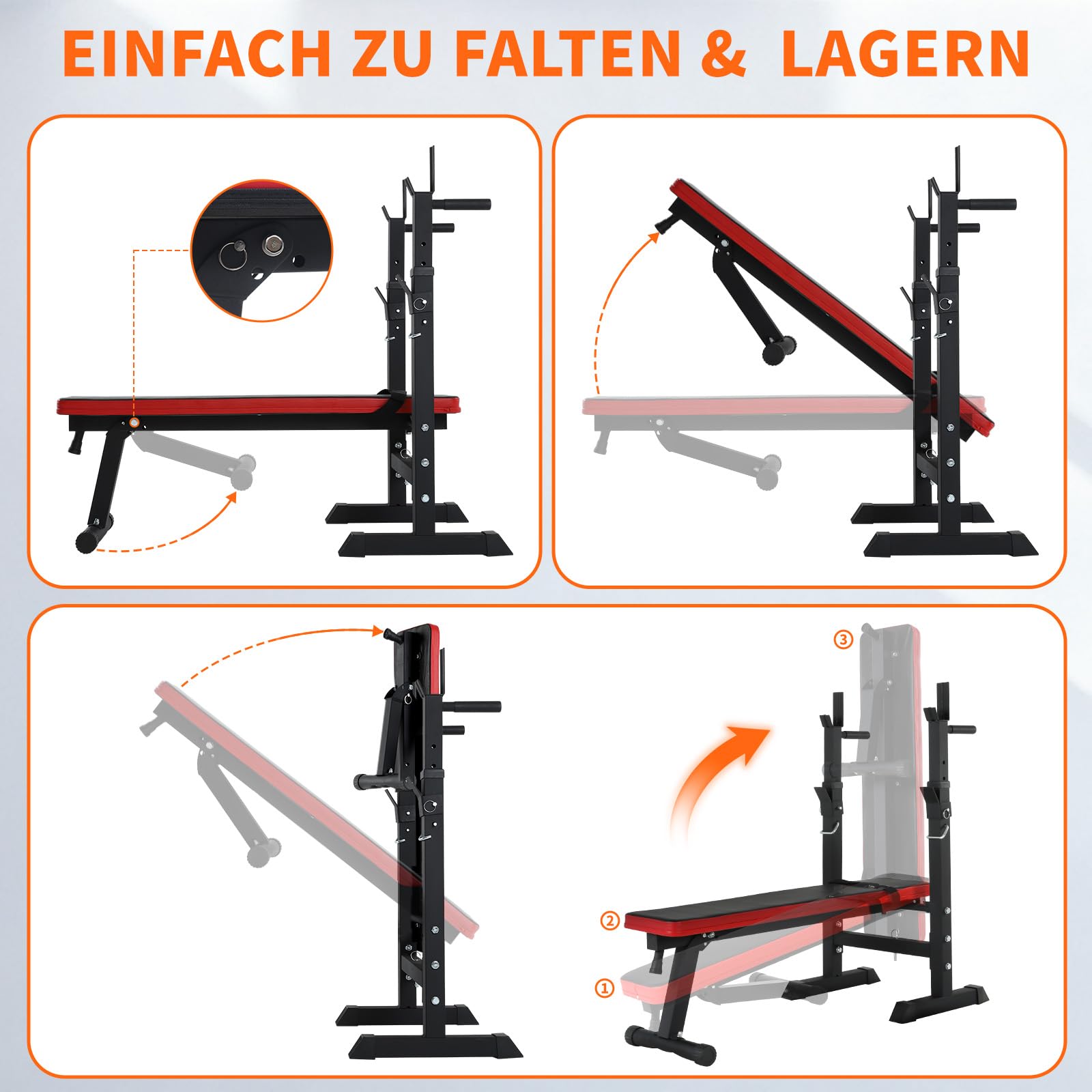 ISE Hantelbank, faltbar, verstellbar, mit Stangen, für Hanteln und Dips, Trainingsbänke, verstellbar, Rot / Schwarz 544-BK, Weiß / Schwarz, 544-WH