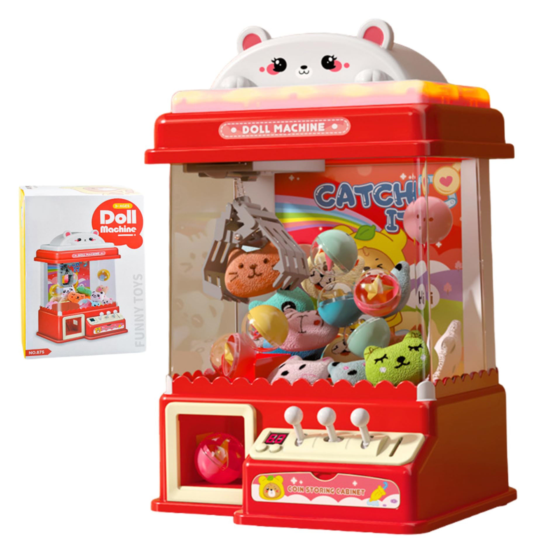 Macchina per artigli per bambini, macchina per artigli a tema orsetto carino con 10 bambole, 10 uova e 20, mini festa di compleanno di Natale a doppia alimentazione per bambini, ragazzi e ragazze