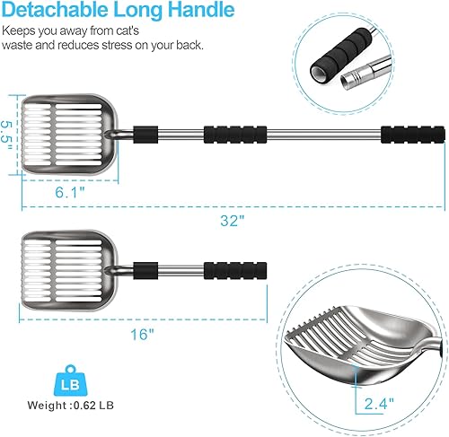 Miniatura 4 de Depets Cuchara de arena para gatos, pala de arena de metal con pala profunda, tamiz de arena para gatos desmontable de mango largo con soporte, pala