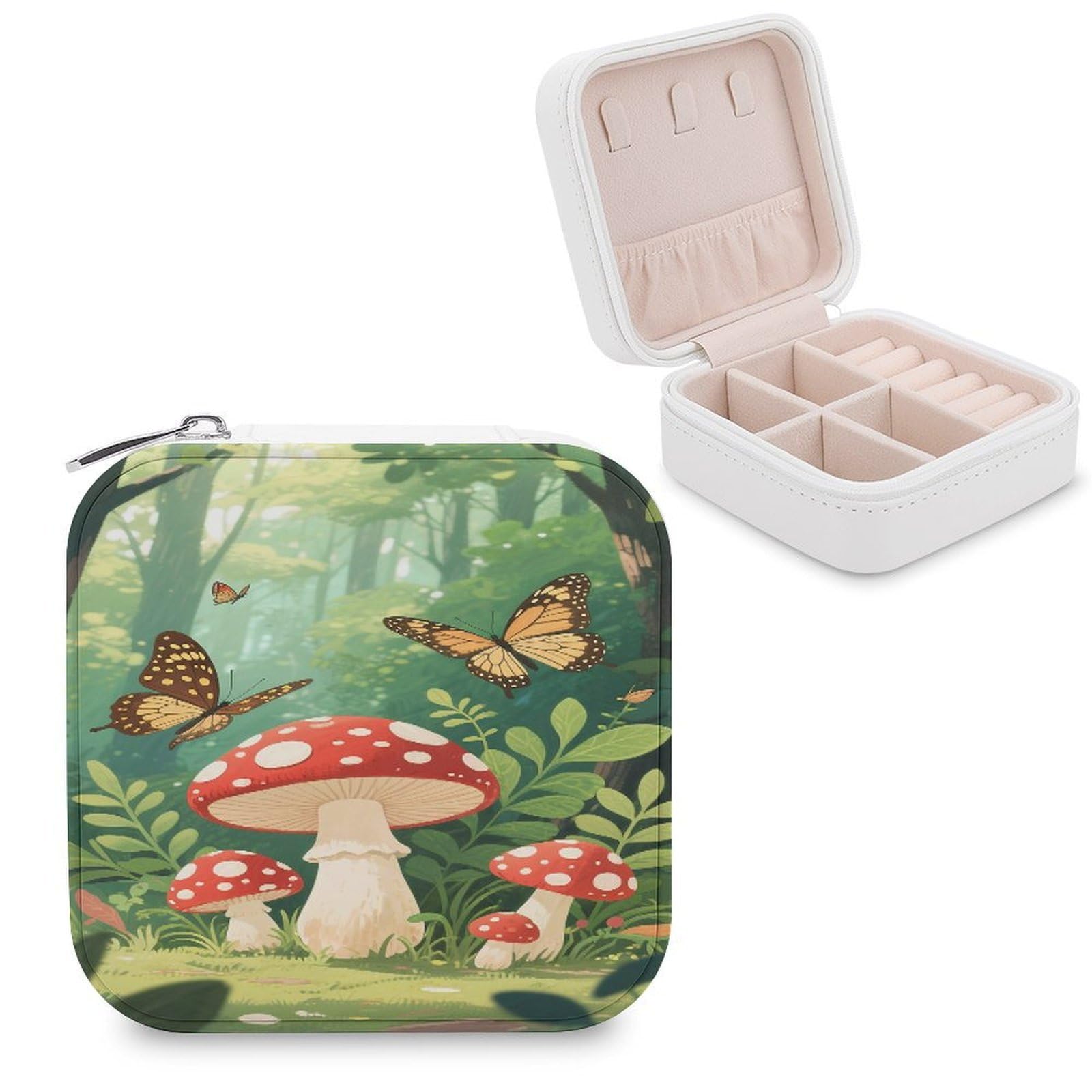 VstaDank Red Mushroom Butterfly Jewelry Box for Women Jewelry Organizer Storage Case with Zipper Mini Travel Jewelry Case Cute Trinket Organizer Leather Portable Jewelry Storage Box