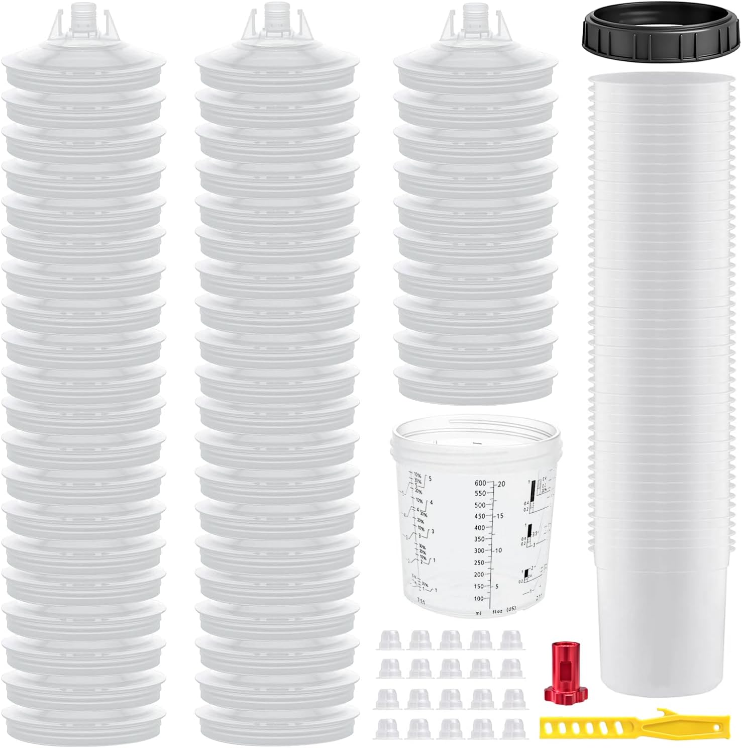Disposable Paint Sprayer Mixing Cup for Automotive Paint Gun,Compatible with Original 1.0 System(not 2.0)-50pcs 20 Ounce Kit-50 Cup Liners,50 Lids with Strainer,1 Hard Cup with Retainer Ring,20 Plugs