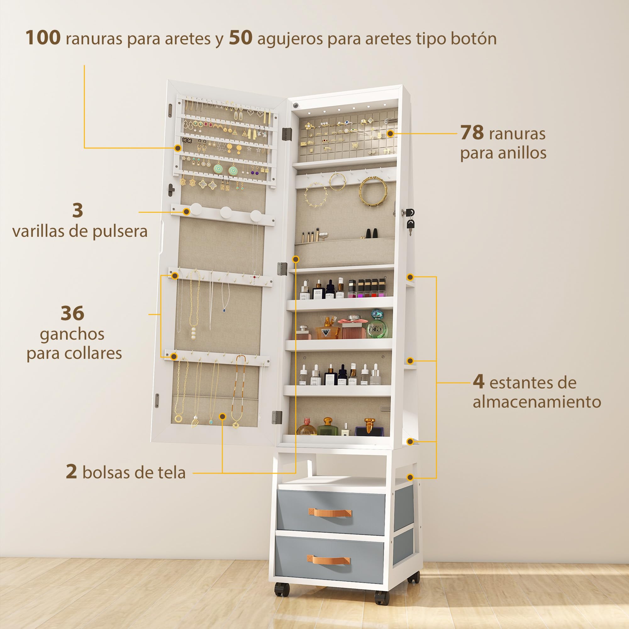 HOMCOM Espejo Joyero con Luces LED Interior, Armario para Joyas con Ruedas, Armario Joyero con Espejo Entero, Giratorio de 360°, Estantes Abiertos, Cajones de Tela, Blanco y Forro Crema