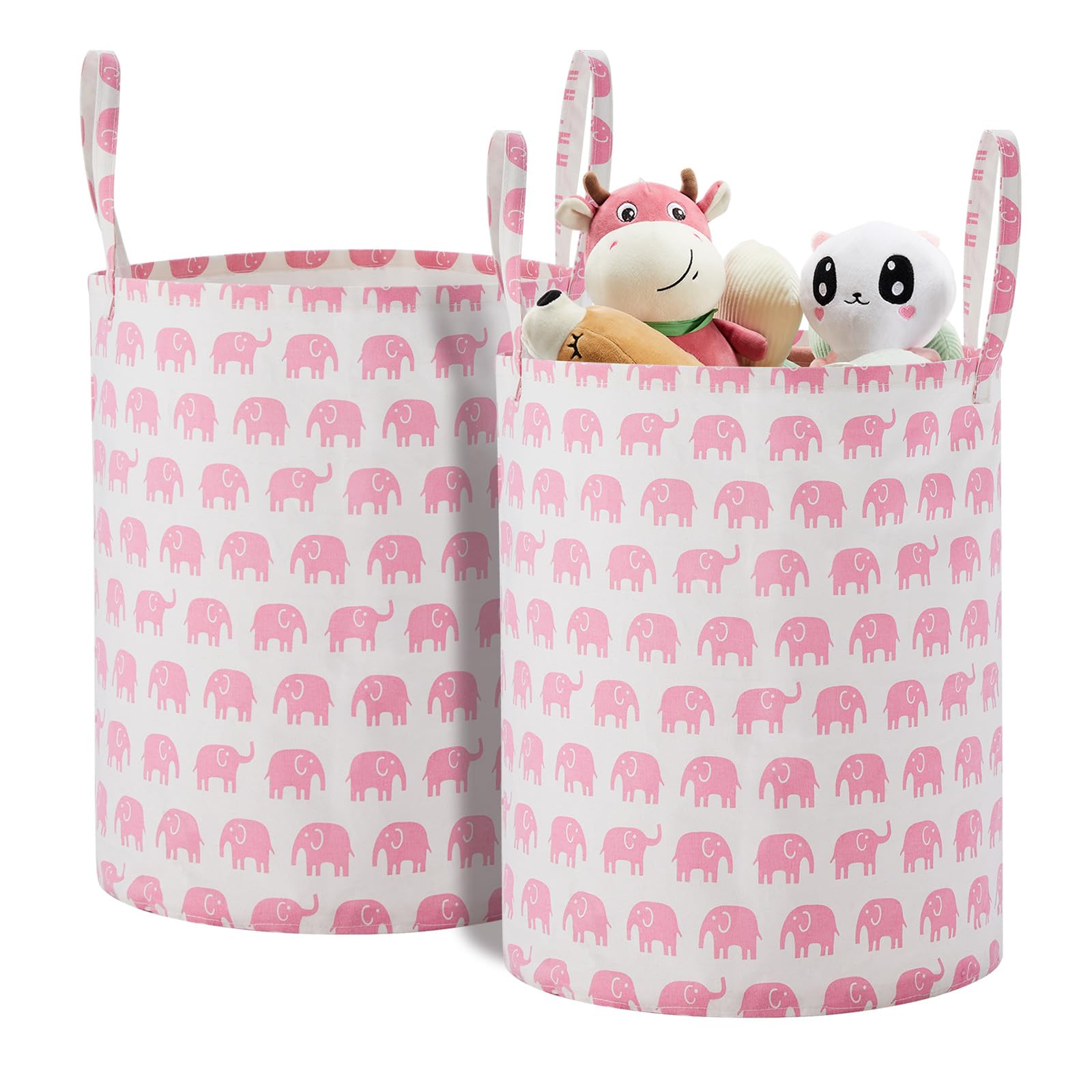 Baby Laundry Basket Nursery Hamper with Long Handles, Pink Elephant 2 Pcs