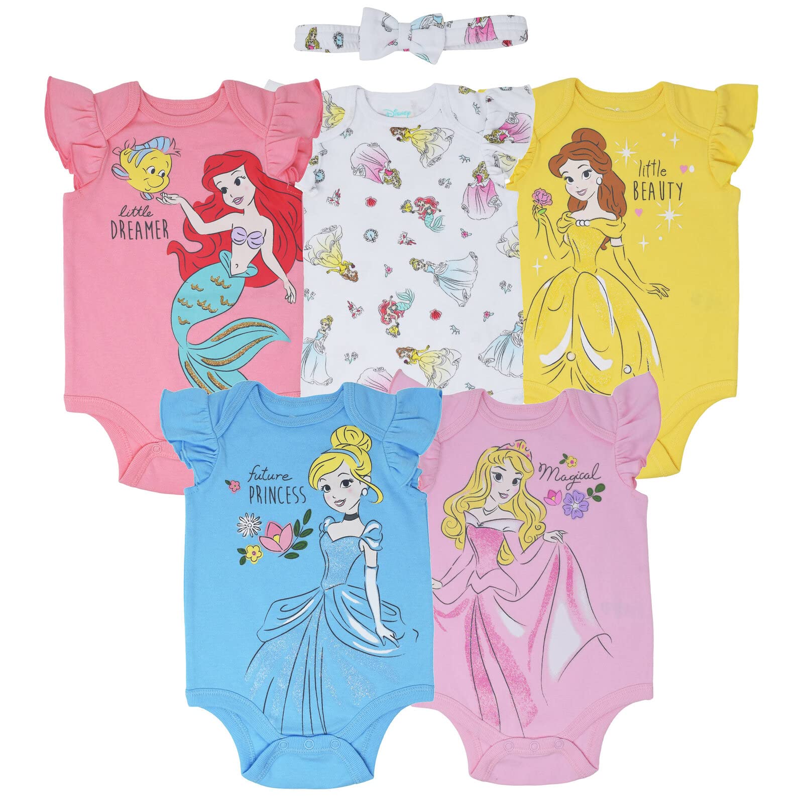 Disney Princesa Ariel Belle Cenicienta Blancanieves Aurora – Juego de 5 bodies de manga corta