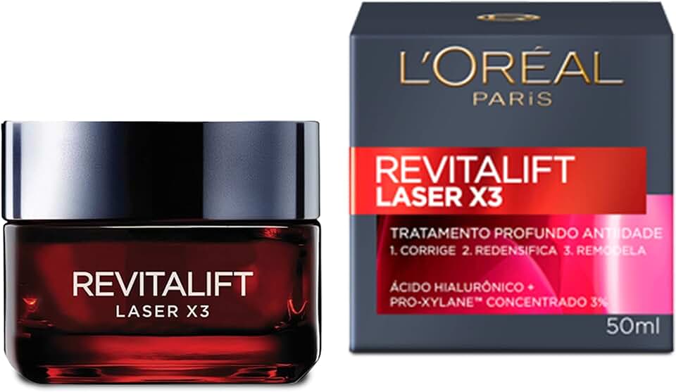 L'Oréal Paris Revitalift Laser X3, Creme Facial Anti-idade, com PRO-XYLANE™ e Ácido Hialurônico, Corrige Rugas Profundas, Combate Flacidez e Redefine o Contorno do Rosto, 50ml
