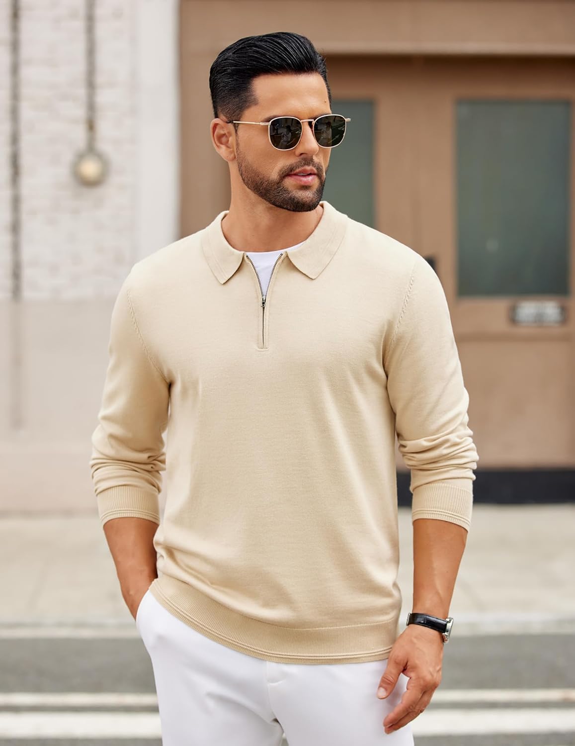 COOFANDY Mens Quarter Zip Polo Sweater Long Sleeve Knit Polo Shirts Casual Lightweight Dress Pullover - Image 2