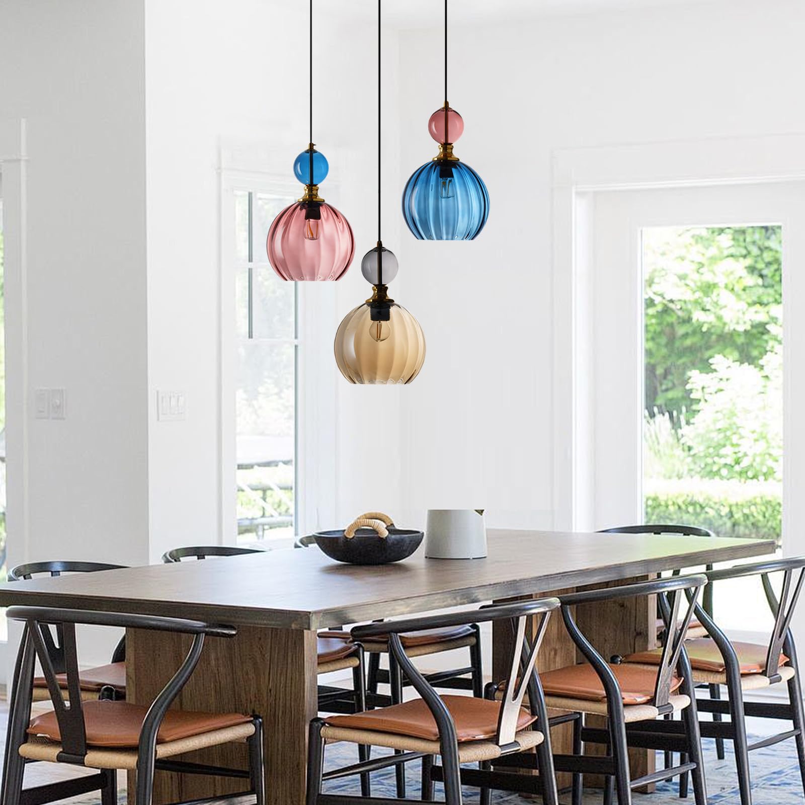 Lámpara Colgante De Vidrio Soplado a Mano Con Detalles Dorados, Lámpara De Techo E27 Regulable – Estilo Industrial Moderno Para Cocina, Comedor, Dormitorio (Ámbar)
