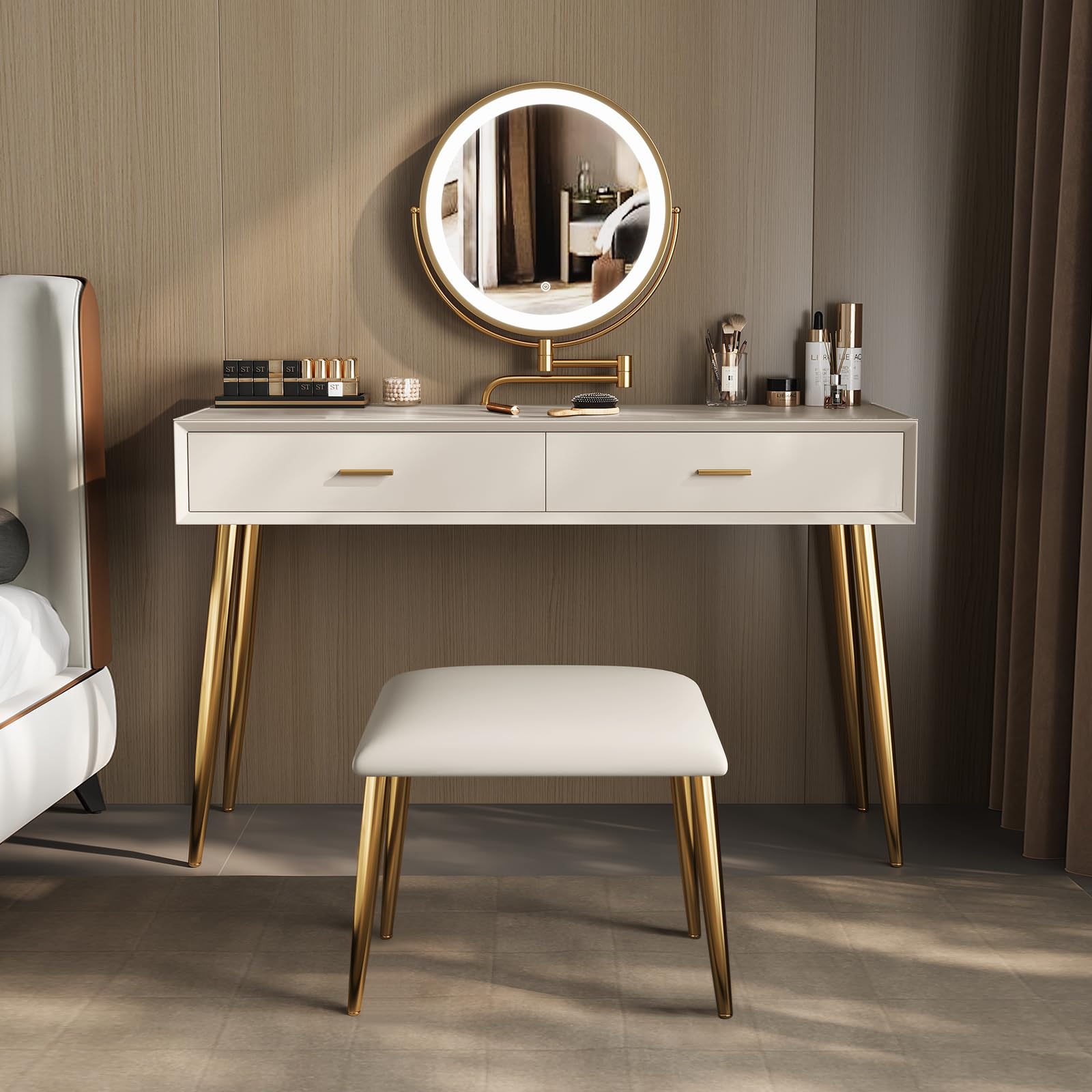 ( incomplete) Vanity Desk Set with 360° Rotating Mirror and Lights, Small Makeup Vanity with Microfiber Leather, Vanity Table with 2 Drawers, Stool, 3 Lighting Modes - 31.5in Beige