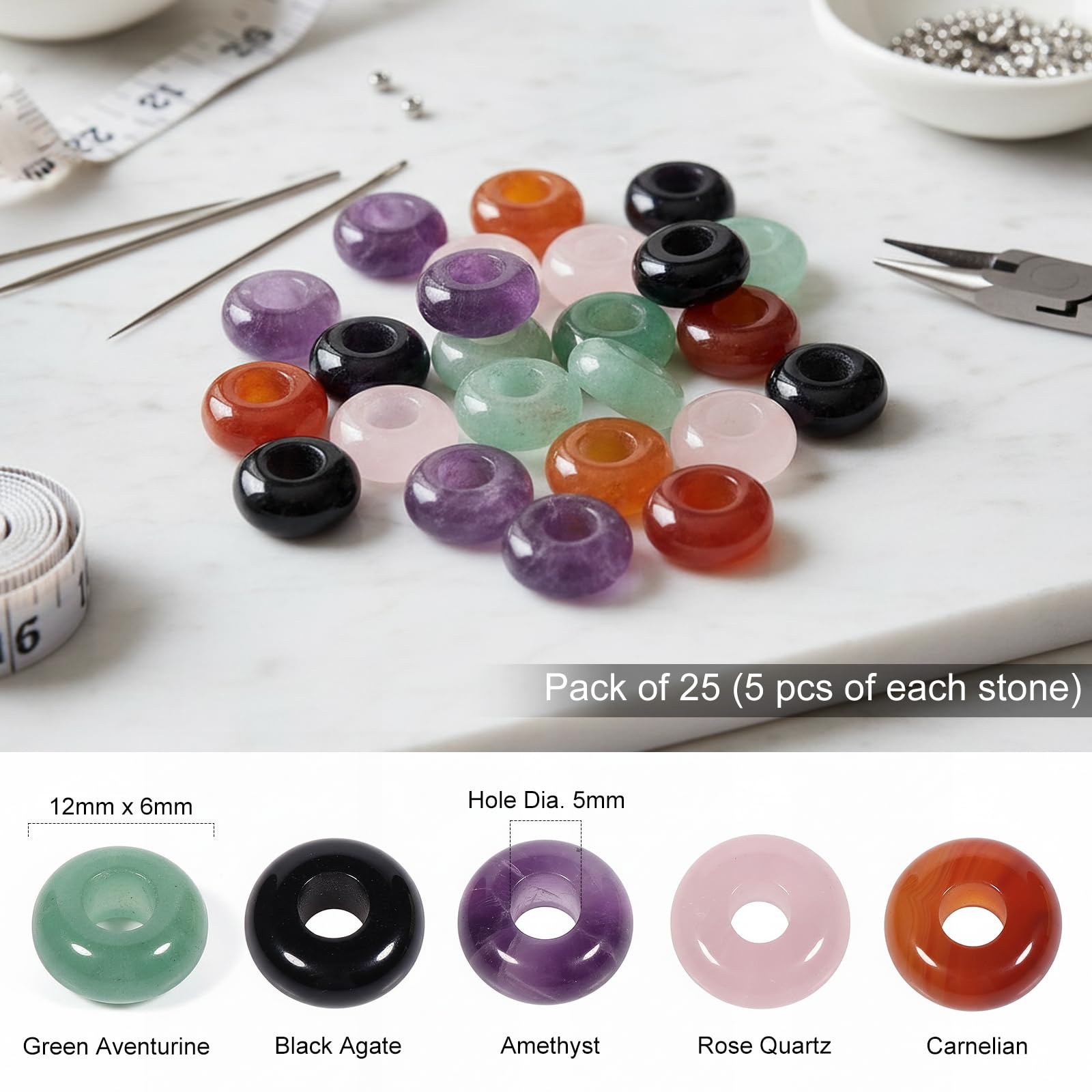 SUNYIK Rondelle Perlen für Armbänder mit großem Loch (6 mm), 25 Stück, Amethyst/Rosenquarz/grüner Aventurin/Karneol/schwarzer Achat