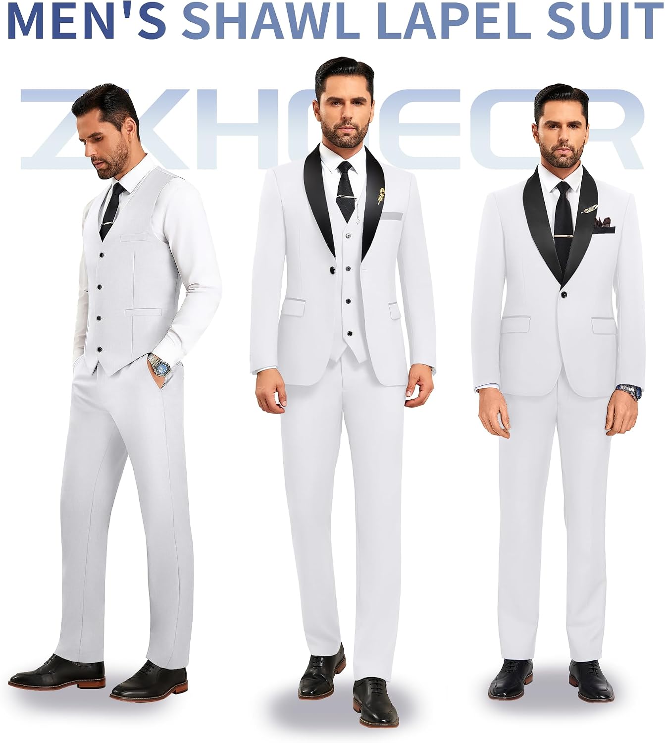 Men's 3 Piece Slim Fit Suit One Button Shawl Lapel Jacket Vest Pants Tuxedo Set with Bow Tie Pocket Square