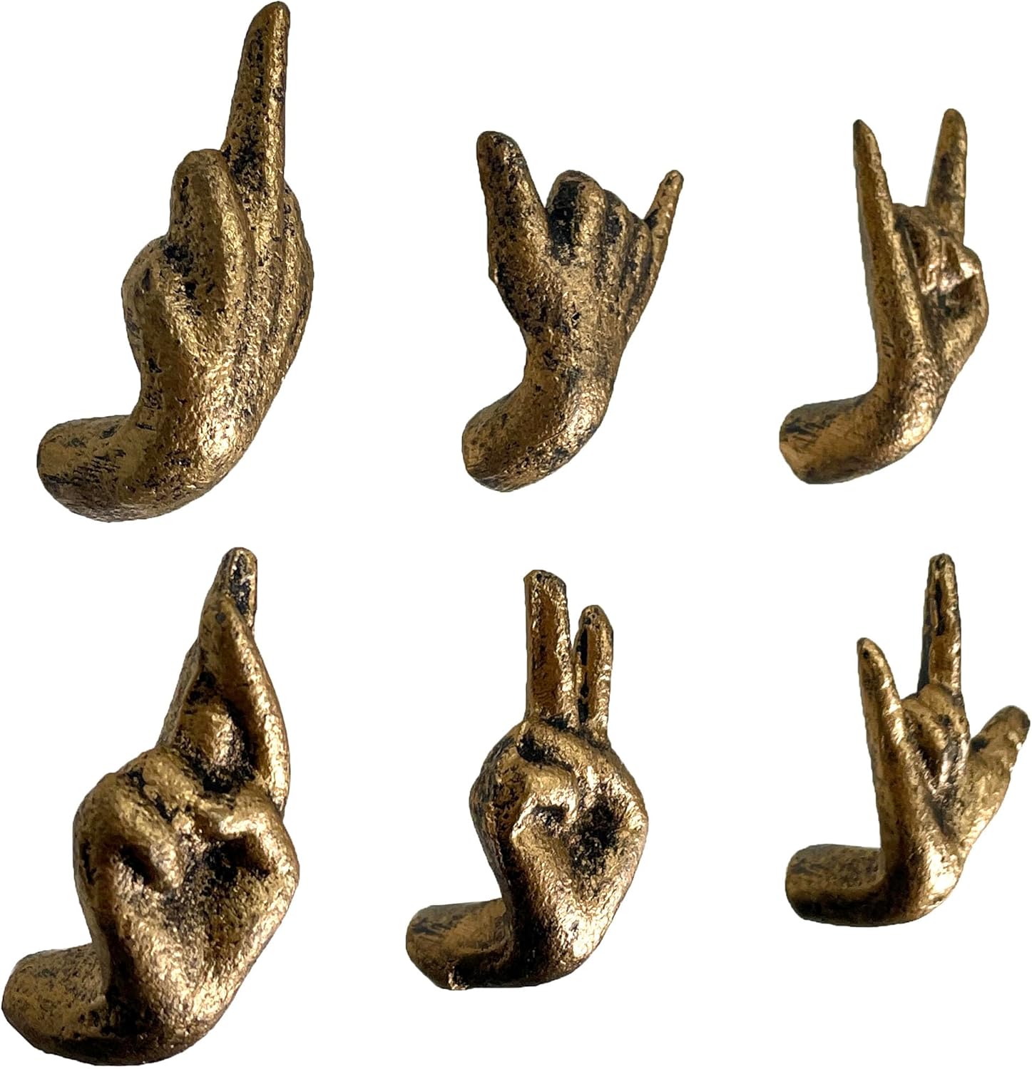 Zeckos Set of 6 Antique Gold Cast Iron Hand Cabinet Knobs – Rustic Drawer Pulls, Unique Decorative Hardware, Whimsical SLA-Inspired Hand Shapes, Vintage Farmhouse Style, Mounting Hardware Included