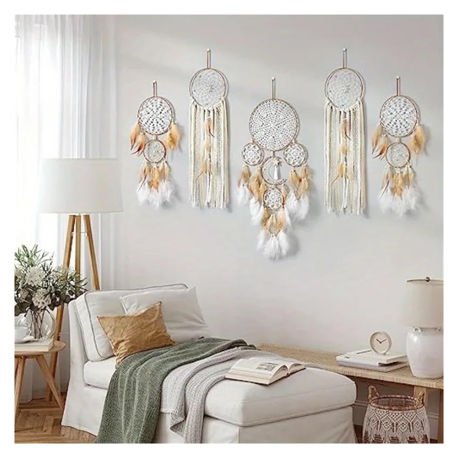 Atrapasueños Paquete de 5 atrapasueños Hechos a Mano, decoración for Colgar en la Pared, atrapasueños de Plumas Tradicionales Hechos a Mano(White)
