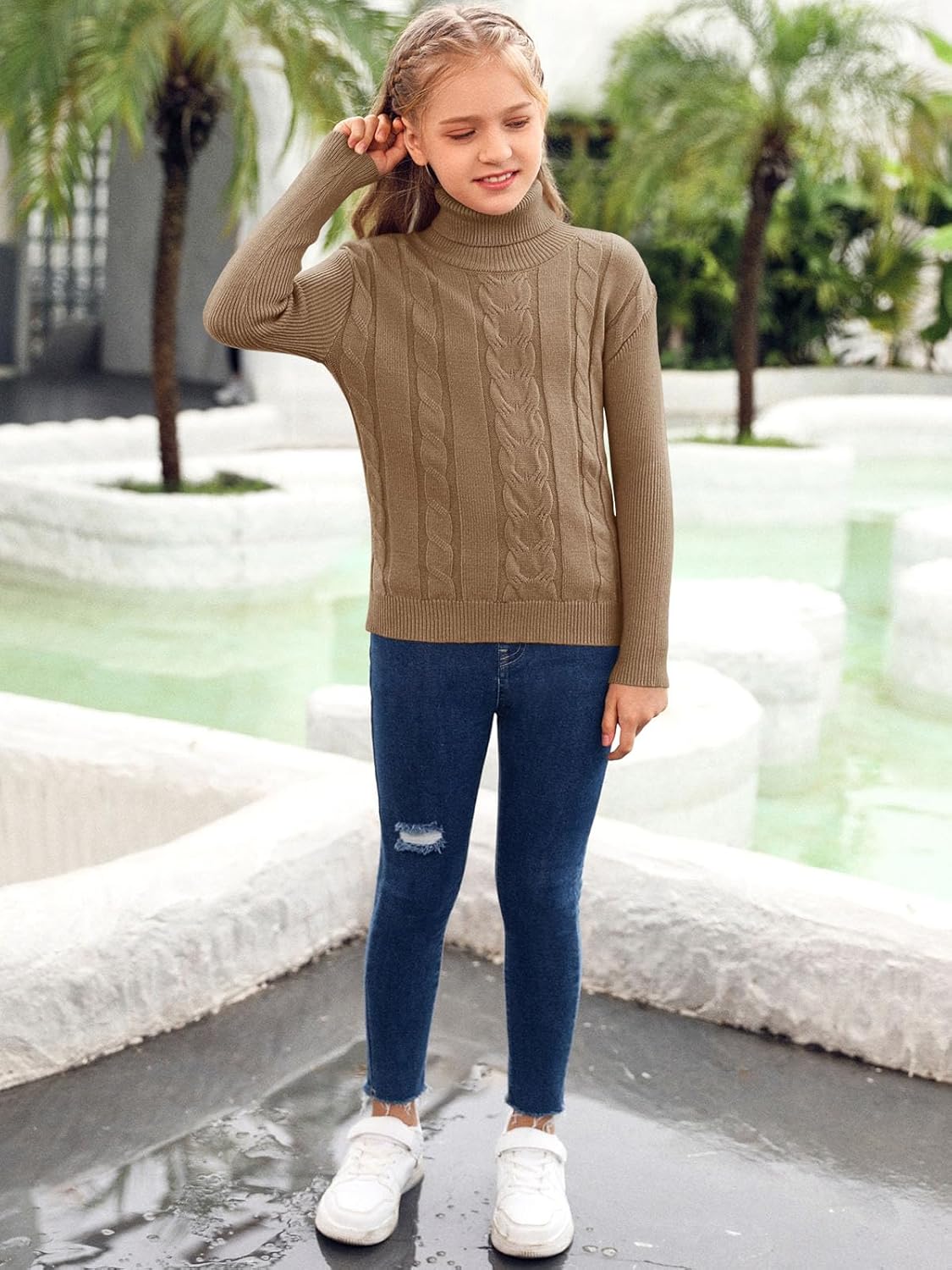 Girls Turtleneck Sweaters Pullover Kids Toddlers Cable Knit Long Sleeve Jumper Tops - Image 5