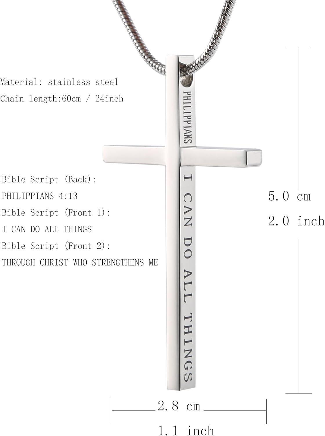 HZMAN Philippians 4:13 Cross Pendant STRENGTH Bible Verse Stainless Steel Necklace - Image 6