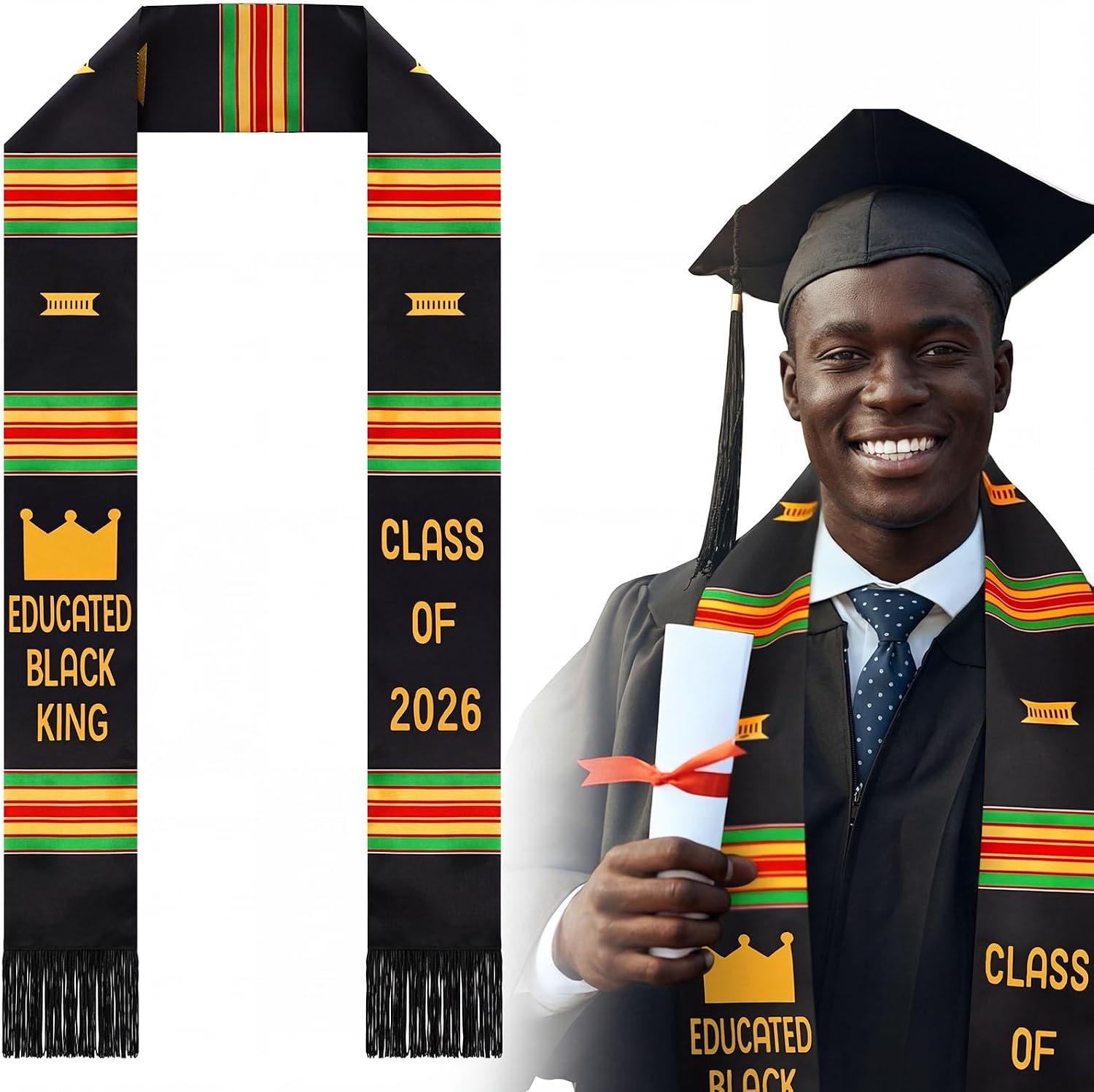 Geyoga Graduation Stole Kente Stole Black Authentic African Art 72" x 4.8" for Adult College Unisex Grads Celebrate