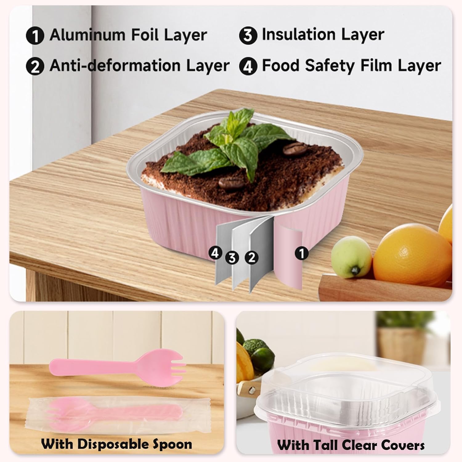 20 Pack 10oz Mini Cake Pans with Lids, 4.4x4.4 Inch Aluminum Foil Square Baking Cups with Spoons, Disposable Large Baking Cake Cup Containers with Lids for Party, Wedding, Birthdays, Pink