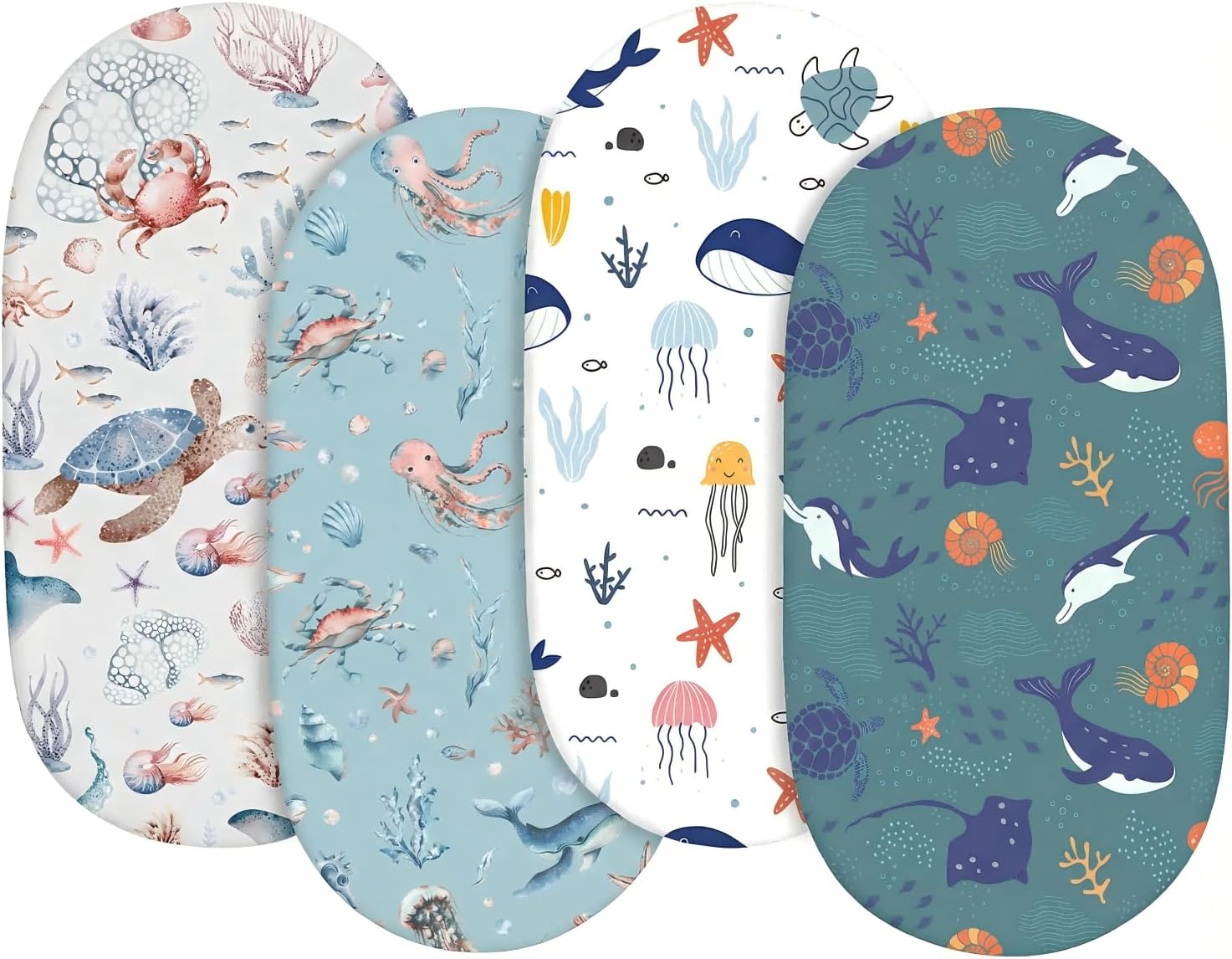 4 Pack Stretch Soft Baby Bassinet Sheet for Girls, Boys, Breathable Cozy Crib Sheets Fit for Hourglass Oval Rectangle, Bedside Sleeper Bassinet Sheets (Blue Ocean)