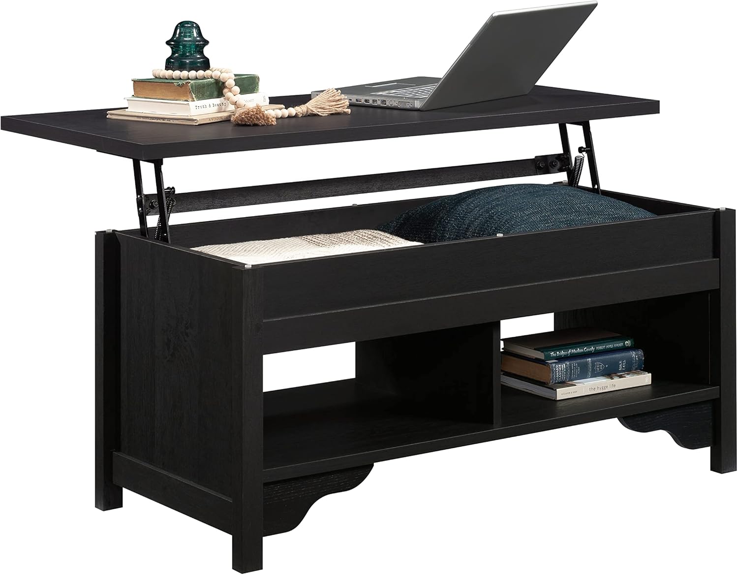 Sauder Dawson Trail Coffee Table with lift-top extended and a laptop on top