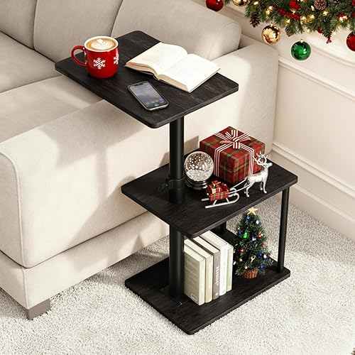 Miniatura 12 de Mesa auxiliar giratoria de 360° para altura ajustable, mesa auxiliar en forma de C para sofá con almacenamiento, mesita de noche de 3 niveles con