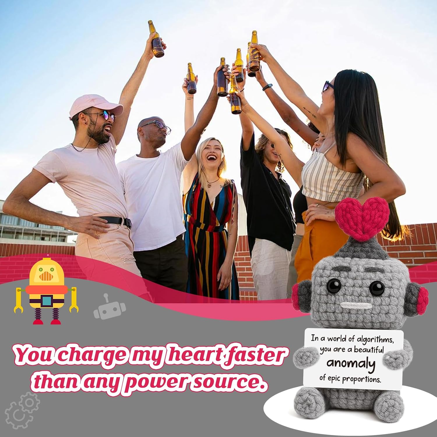 Funny Positive Robot Christmas Stocking Stuffers Gift - Inspirational Cheer Up Support for Women Men Coworker Friends Teenage Boys Girls, Cute Handmade Crochet Robot