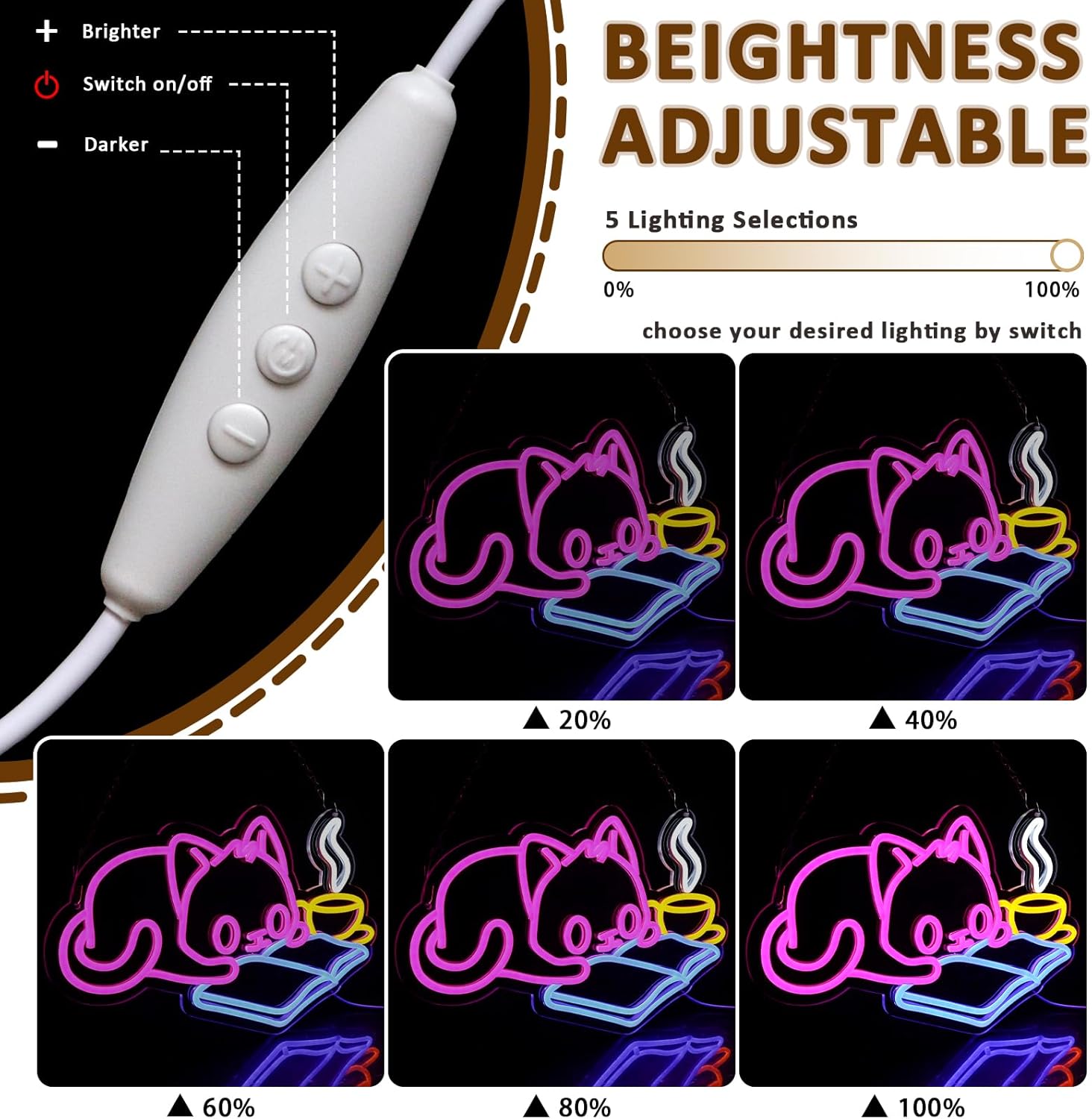 Cat Reading Book Neon Sign for Wall Decor, Cute Cat Led Signs for Library, USB Dimmable Neon Lights for Classroom Reading Cafe Corner Bedroom Study Room Home Book Club Motivational Wall Art - Image 3